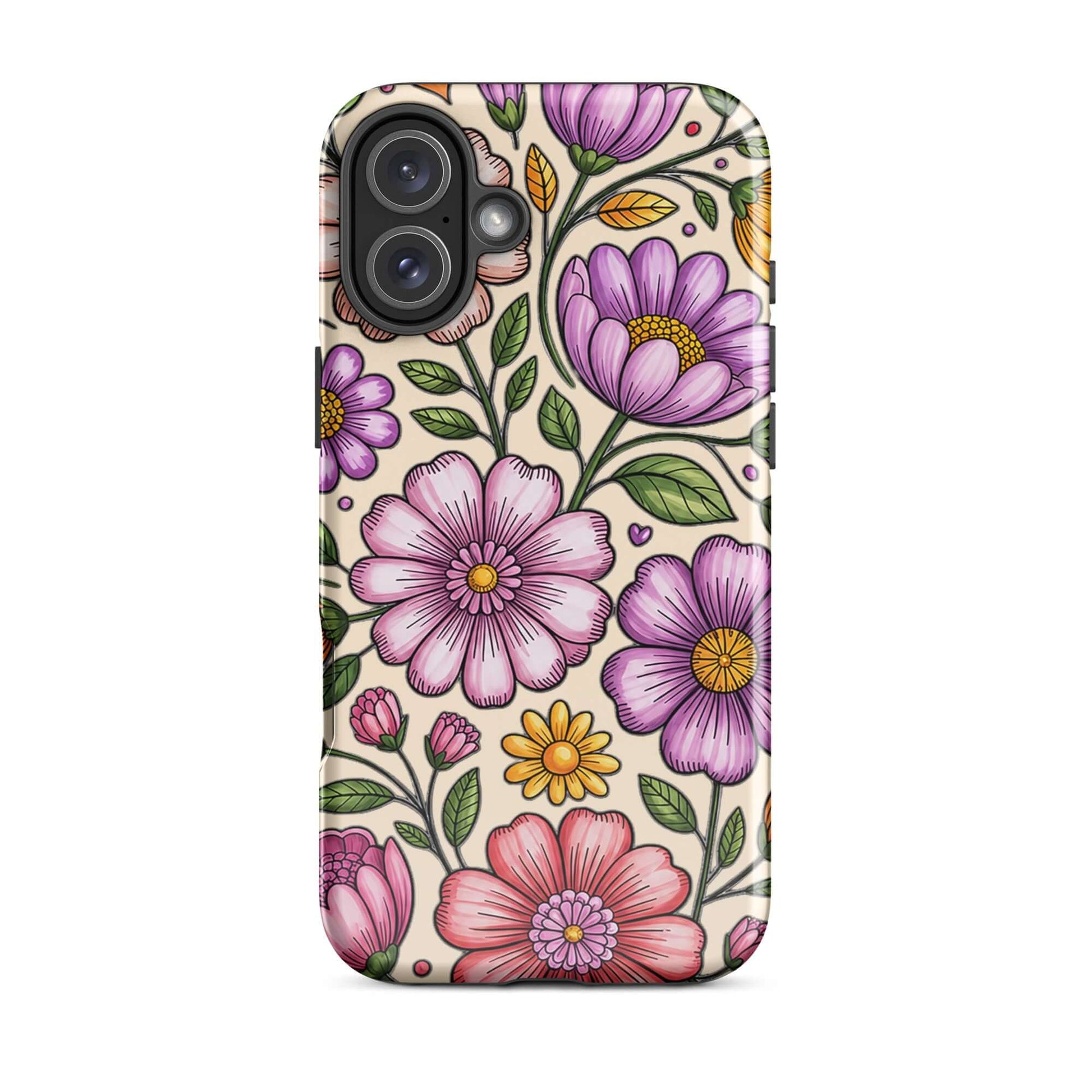 Phone Case for iPhone with pastel floral design, featuring pink, purple, yellow flowers on a durable polycarbonate shell.