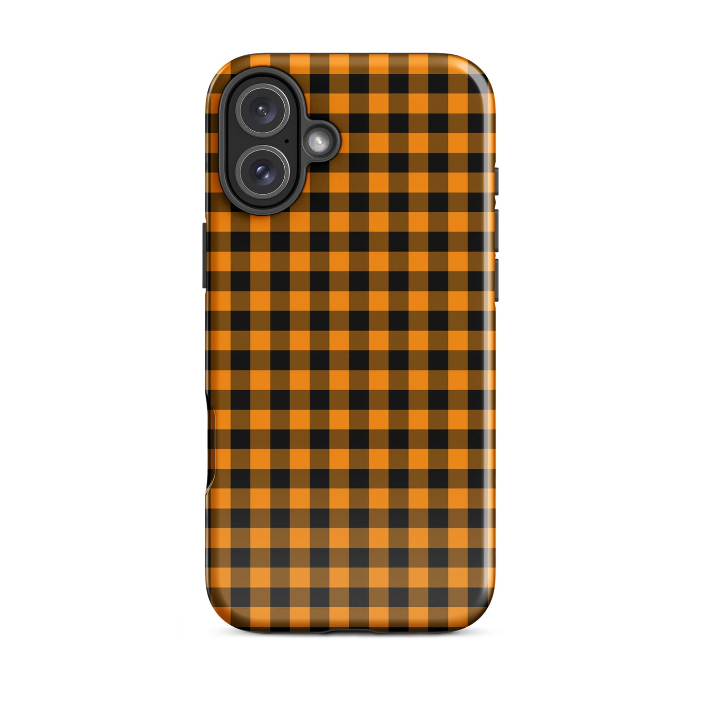 Black-and-orange gingham phone case for iPhone with Autumn theme, offering stylish design and durability.