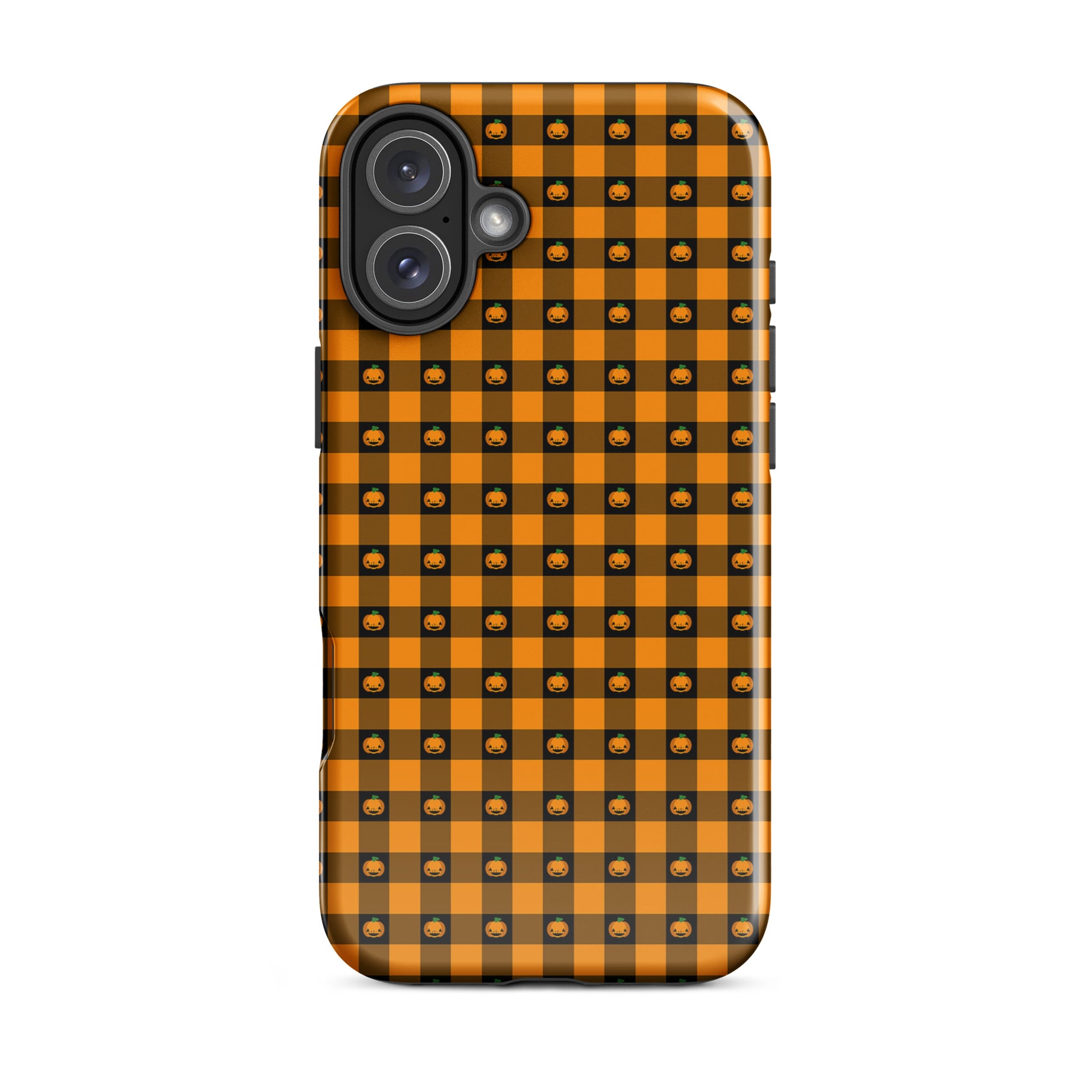 Phone Case for iPhone with playful pumpkin gingham Halloween design, featuring jack-o’-lantern faces on bold checkered pattern.
