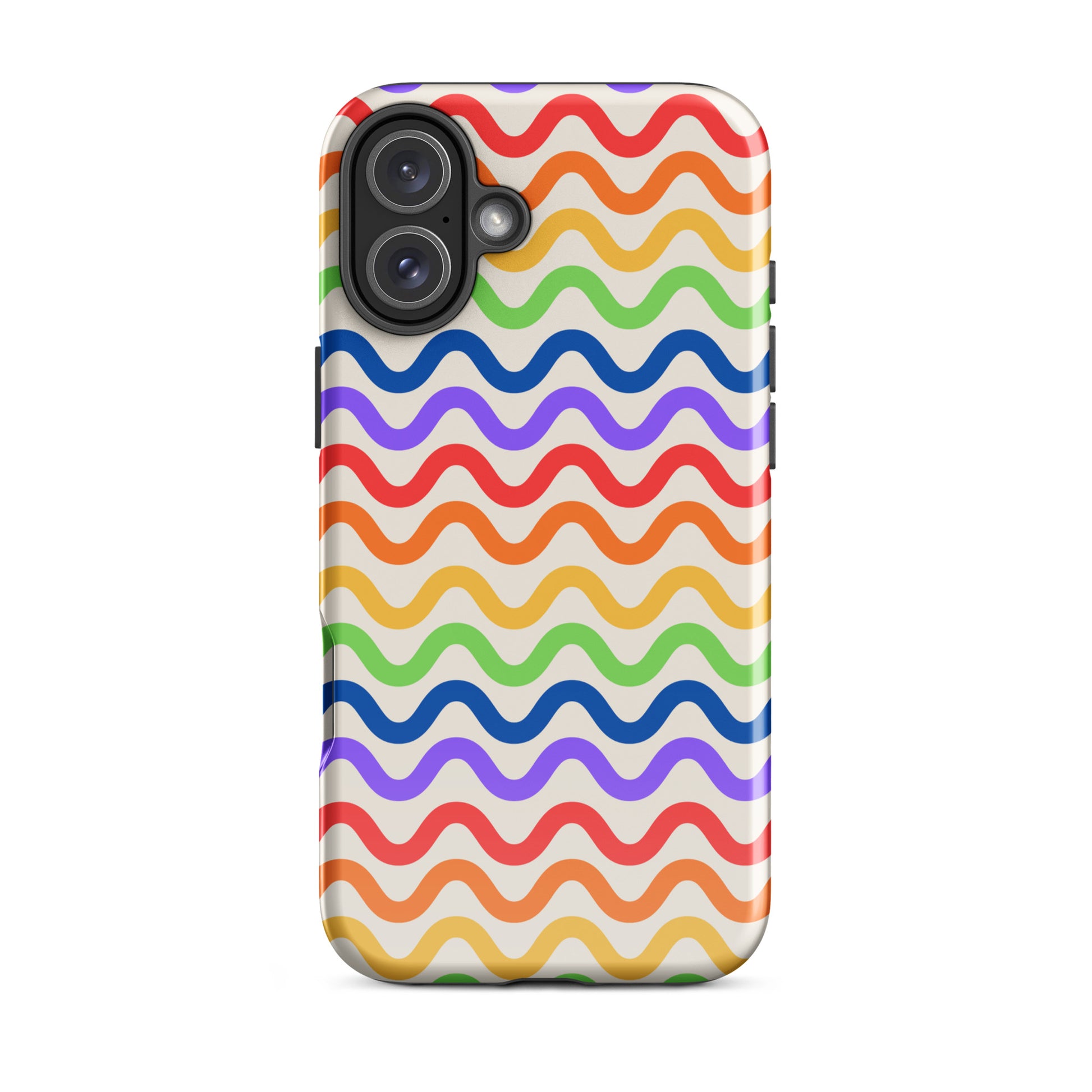 Phone Case for iPhone with wavy rainbow pattern, featuring purple, red, orange, yellow, green, and blue on a white background.