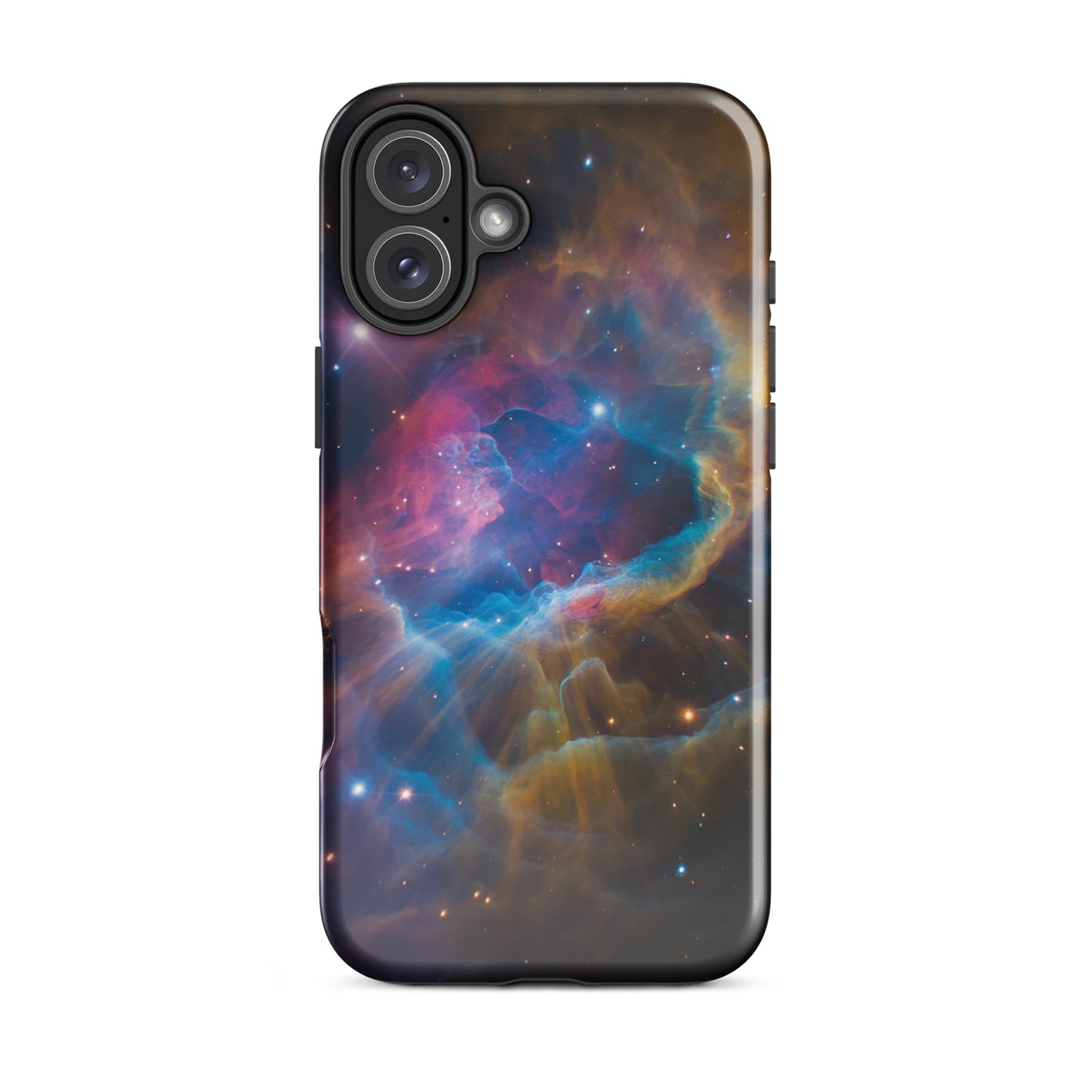 Phone Case with nebula cosmic design for iPhone, featuring vibrant starburst patterns in blues, oranges, and pinks.
