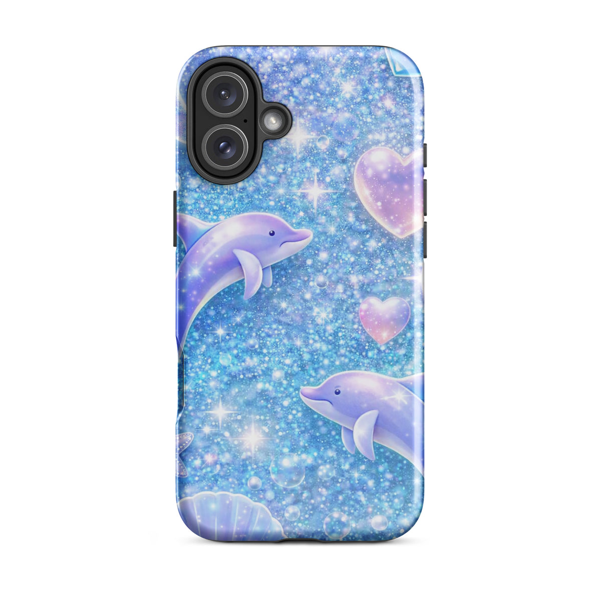 Phone Case for iPhone featuring ocean glitter design with dolphins, pastel moons, and shells for a magical look.