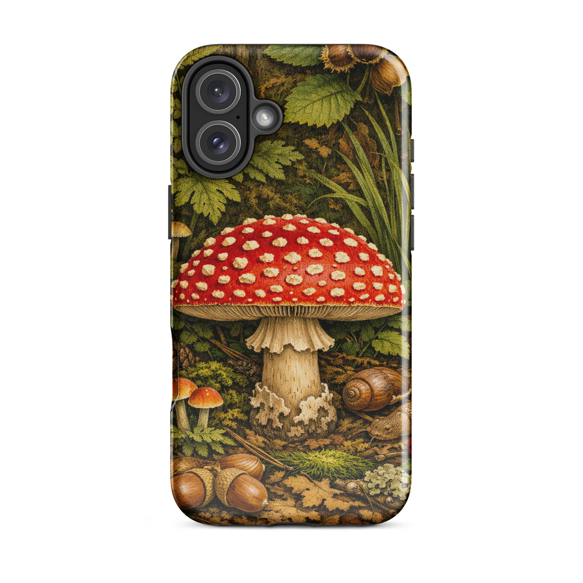 Phone Case with Amanita muscaria design featuring a vivid red mushroom in a lush forest setting for iPhone.