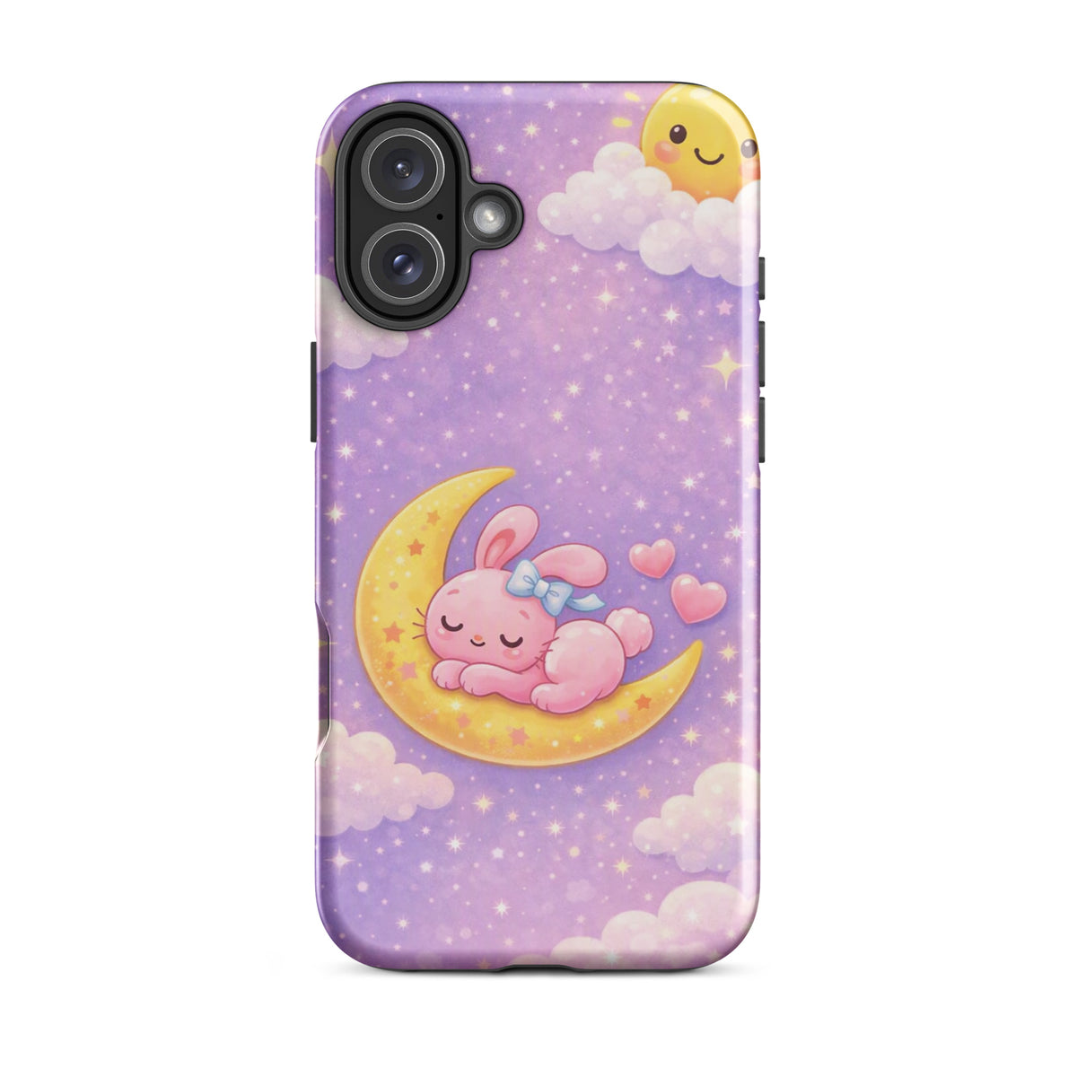 Phone Case with pink bunny on crescent moon design, dreamy and cozy for iPhone users.
