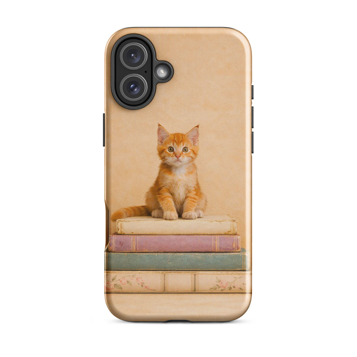Phone Case with cozy kitten on vintage books design for iPhone, featuring an orange tabby cat on pastel books, perfect for cat lovers.