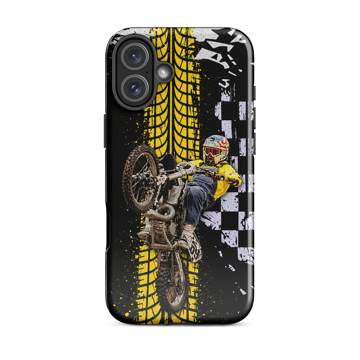 Phone Case featuring Ronnie Mac air-wheelie design in black, white, yellow with checkerboard and tire print. Ideal for iPhone protection.