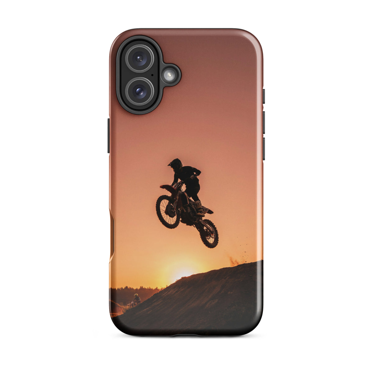 Phone Case with dirt bike silhouette against sunset for iPhone, motocross design with copper, orange, gold, black shades.