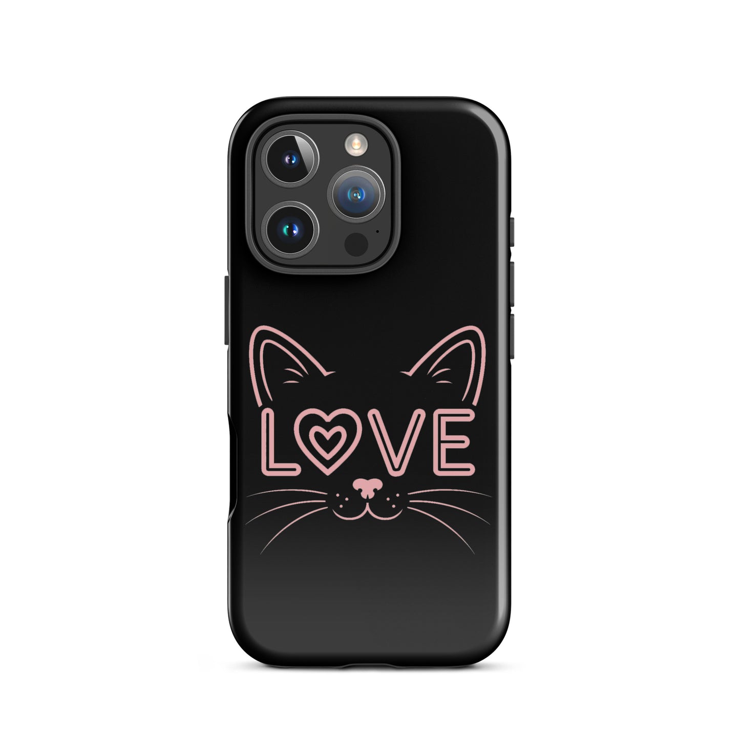 Cat Love Phone Case for iPhone with minimalist cat face design and the word 'love'