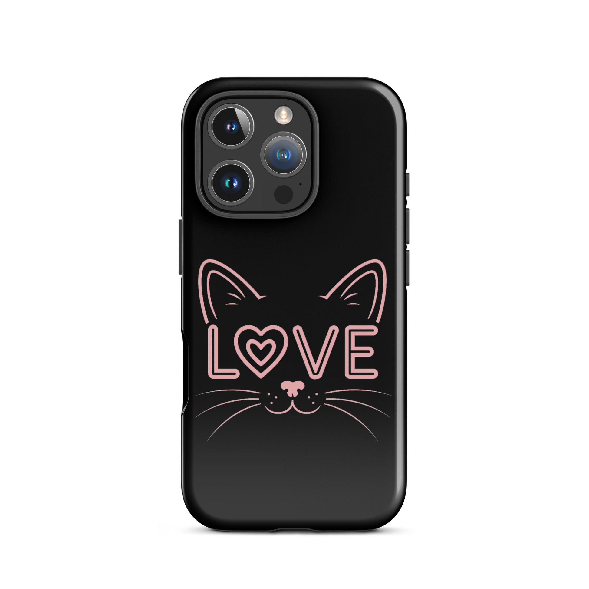 Cat Love Phone Case for iPhone with minimalist cat face design and the word 'love'
