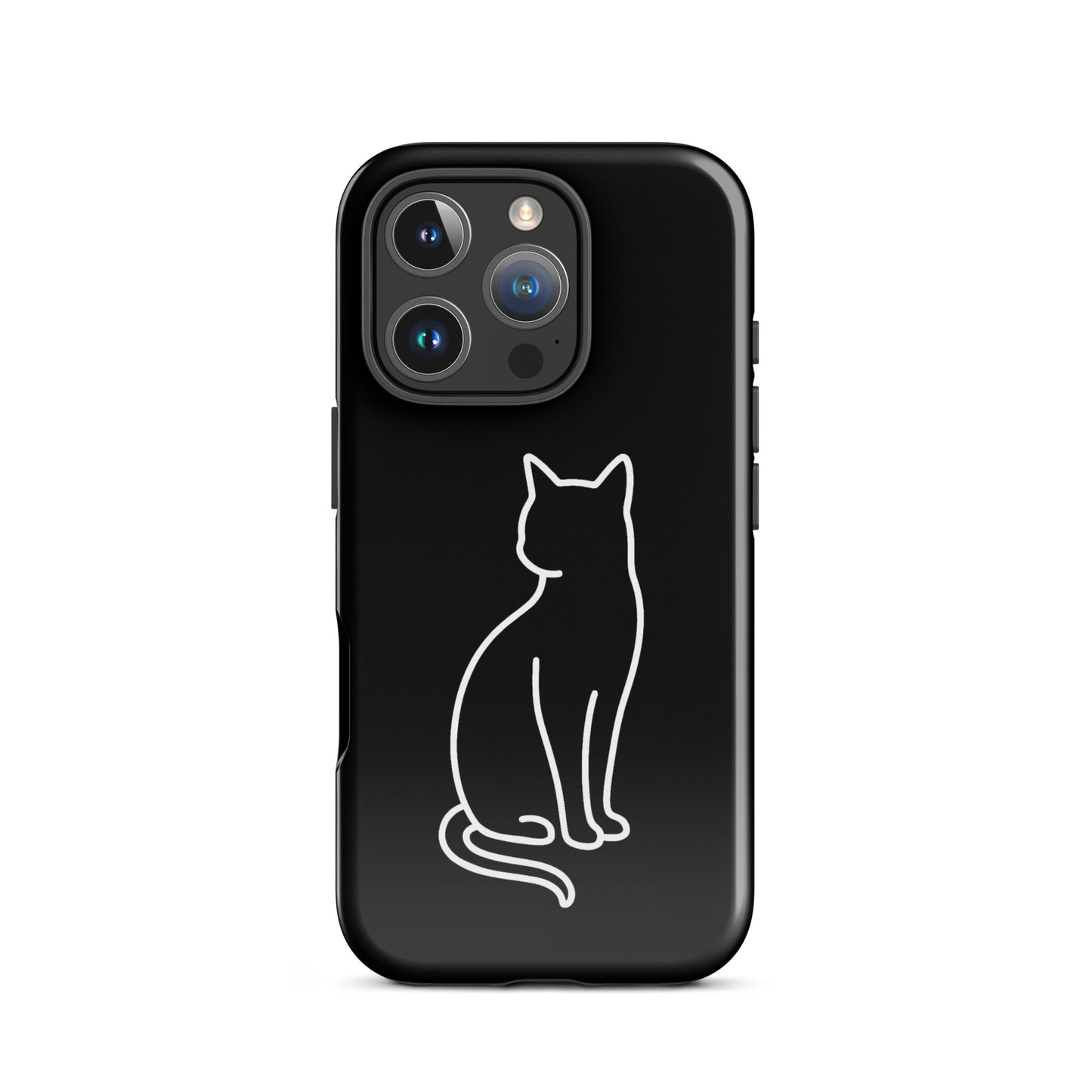 Phone Case for iPhone featuring a minimalist cat design in white on a black background, perfect for pet lovers.
