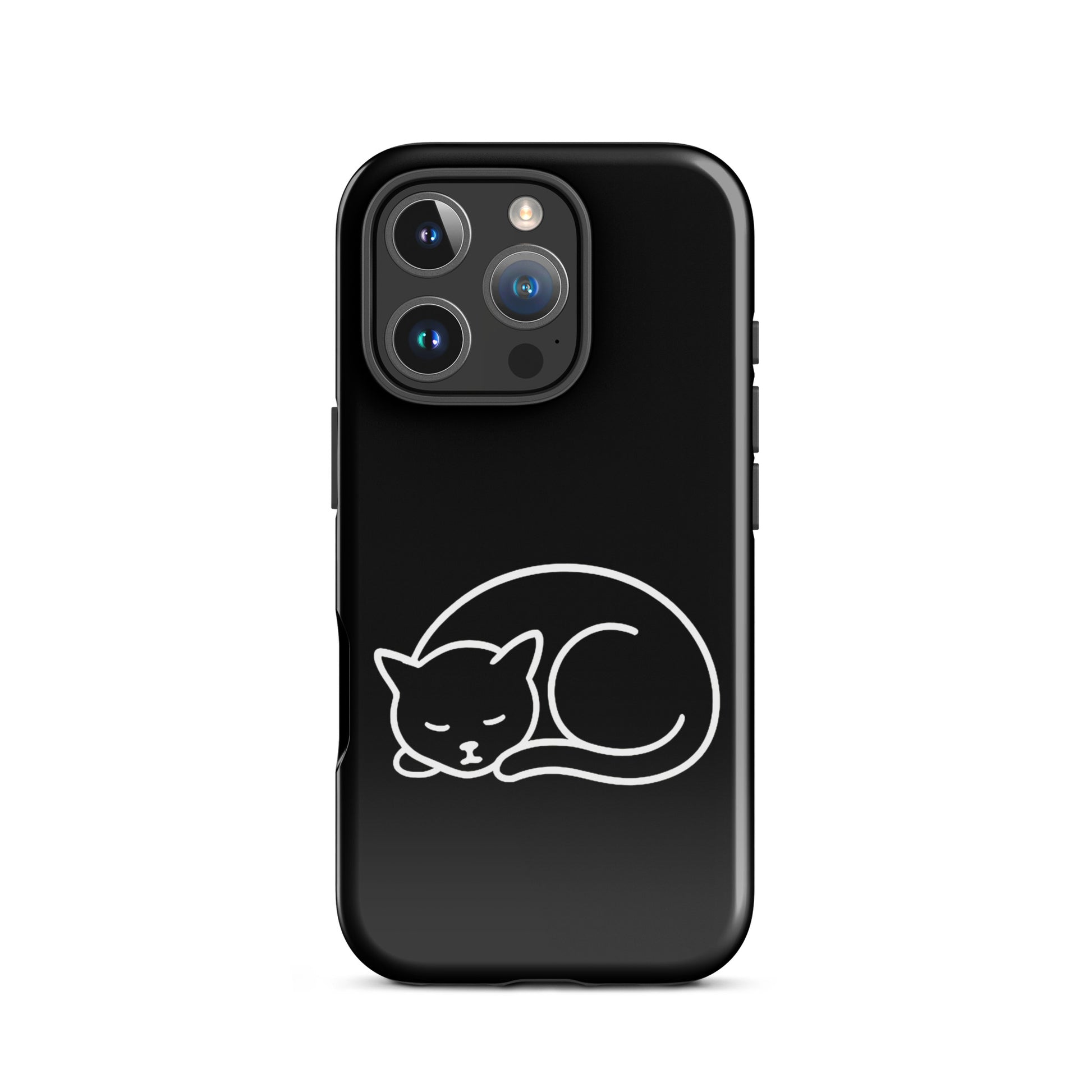 Phone case for iPhone featuring a minimalist curled-up cat design on a black background.