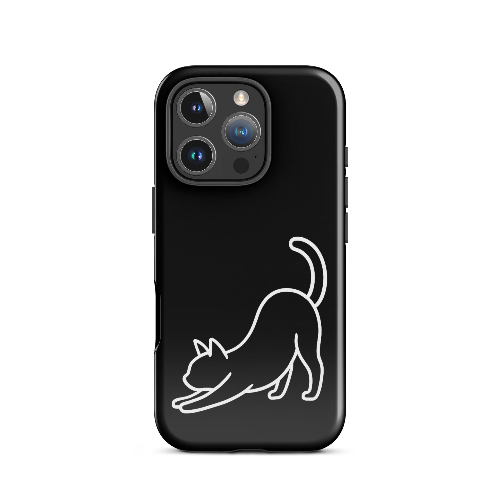 Phone Case featuring a minimalist stretching cat design on a sleek black background for dual-layer protection.