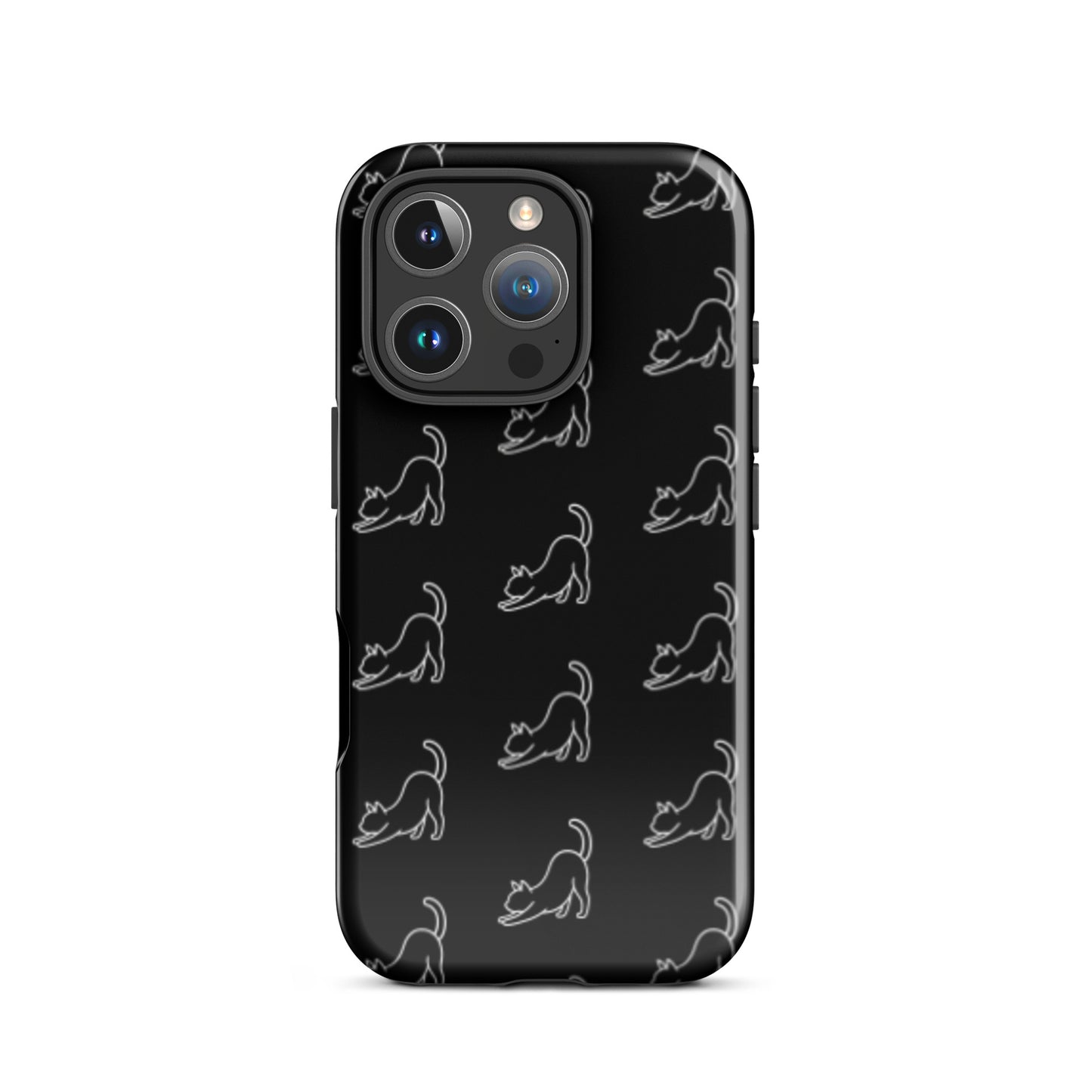Phone Case featuring a minimalist stretching cat pattern on a sleek black background.