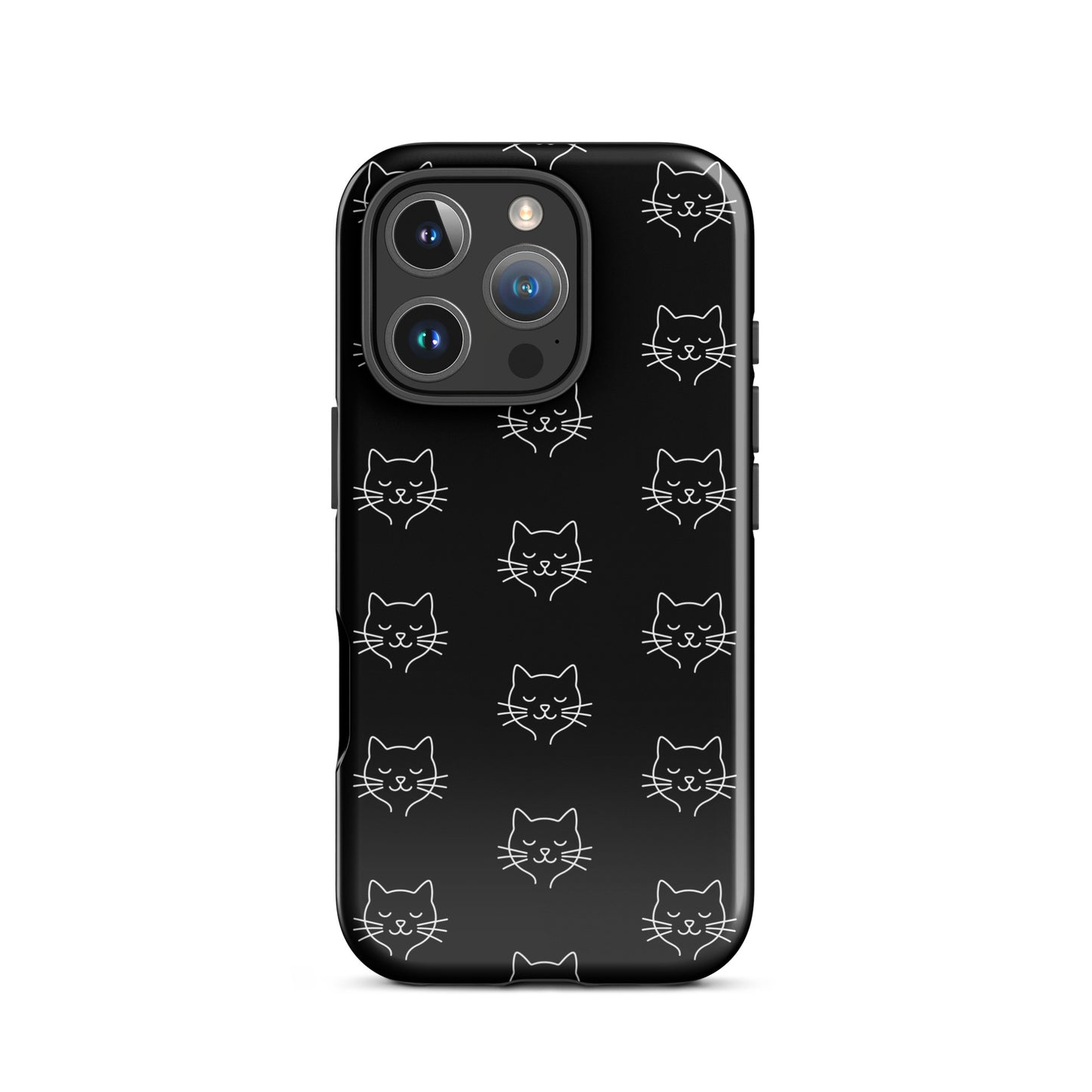 Phone Case for iPhone featuring cute minimalist cat pattern design on a sleek black background.