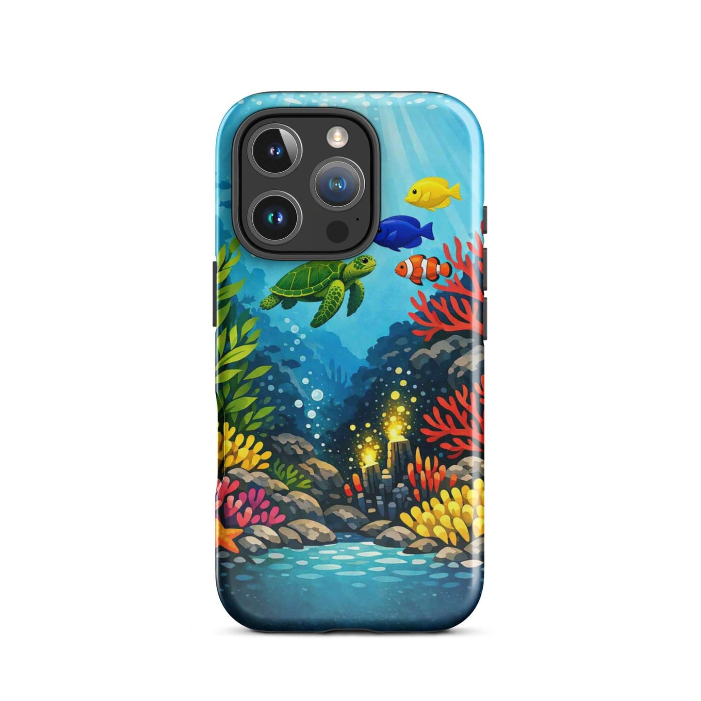 Phone case featuring vibrant sea turtle and coral reef design, perfect for marine life lovers.