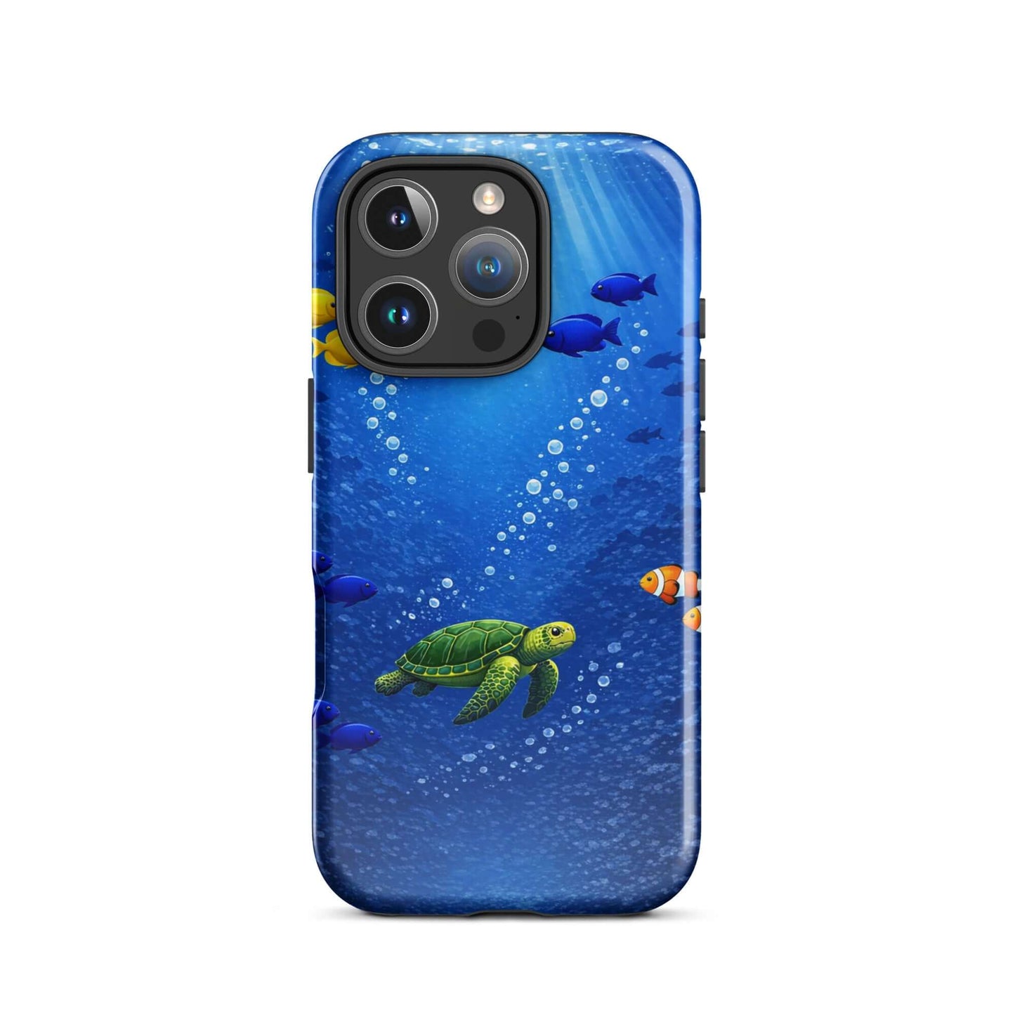 Phone Case featuring a vibrant sea turtle design swimming among colorful tropical fish underwater.