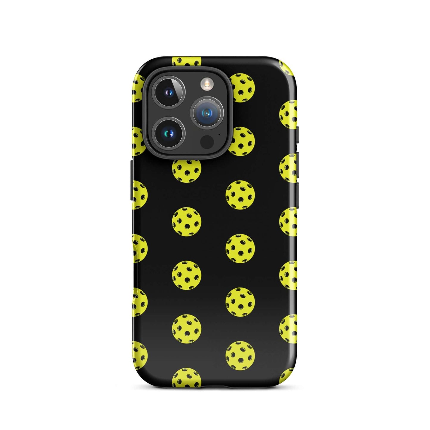 Phone Case featuring a playful pickleball pattern on a black background, perfect for sporty style.