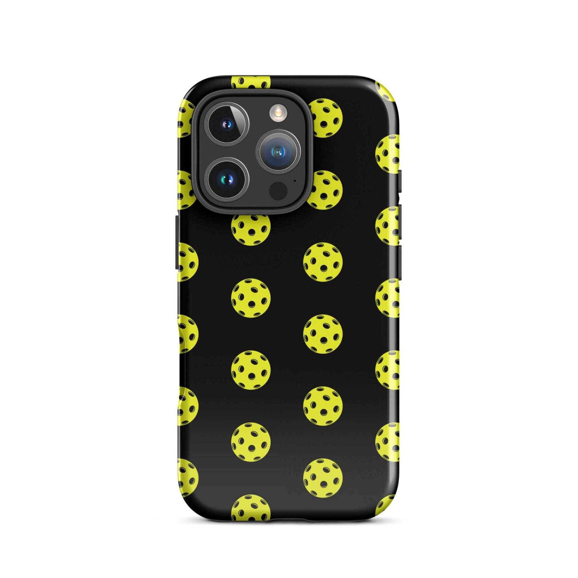 Phone Case featuring a playful pickleball pattern on a black background, perfect for sporty style.