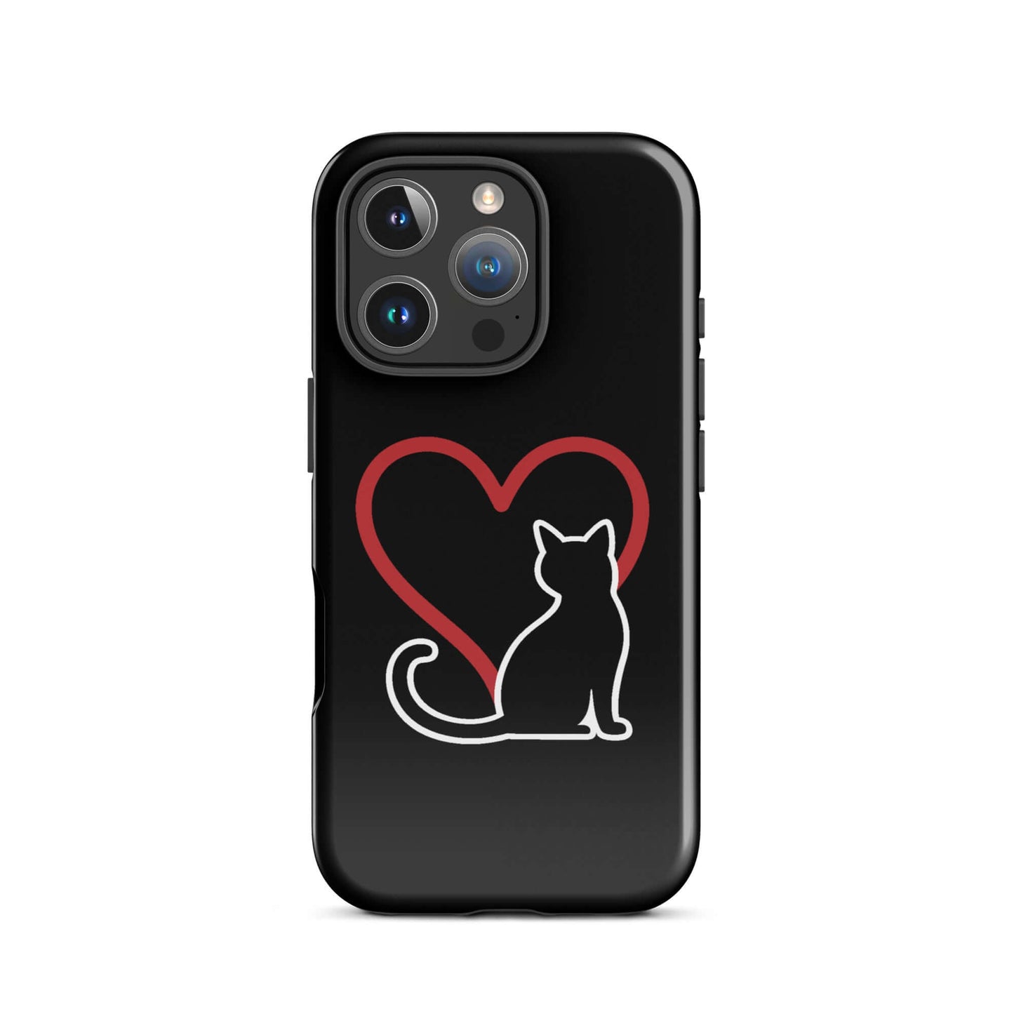 Phone Case for iPhone featuring a minimalist black cat and red heart design, perfect for cat lovers.