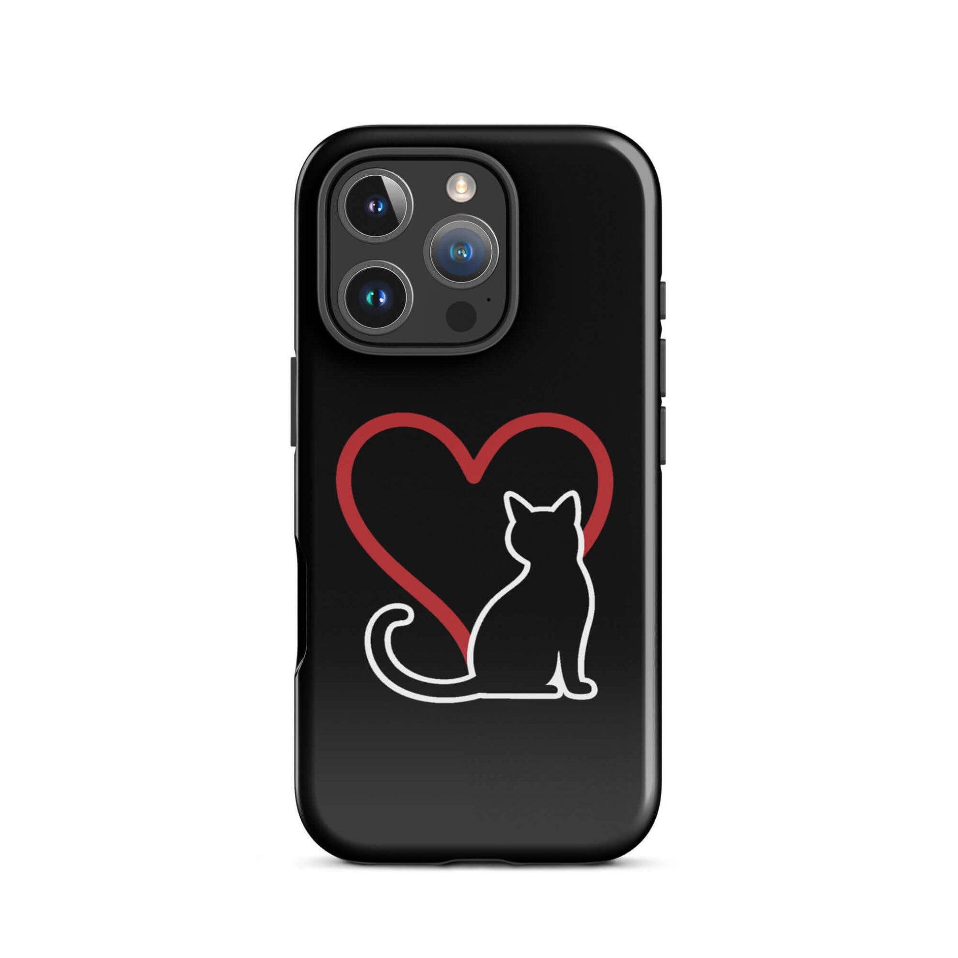Phone Case for iPhone featuring a minimalist black cat and red heart design, perfect for cat lovers.