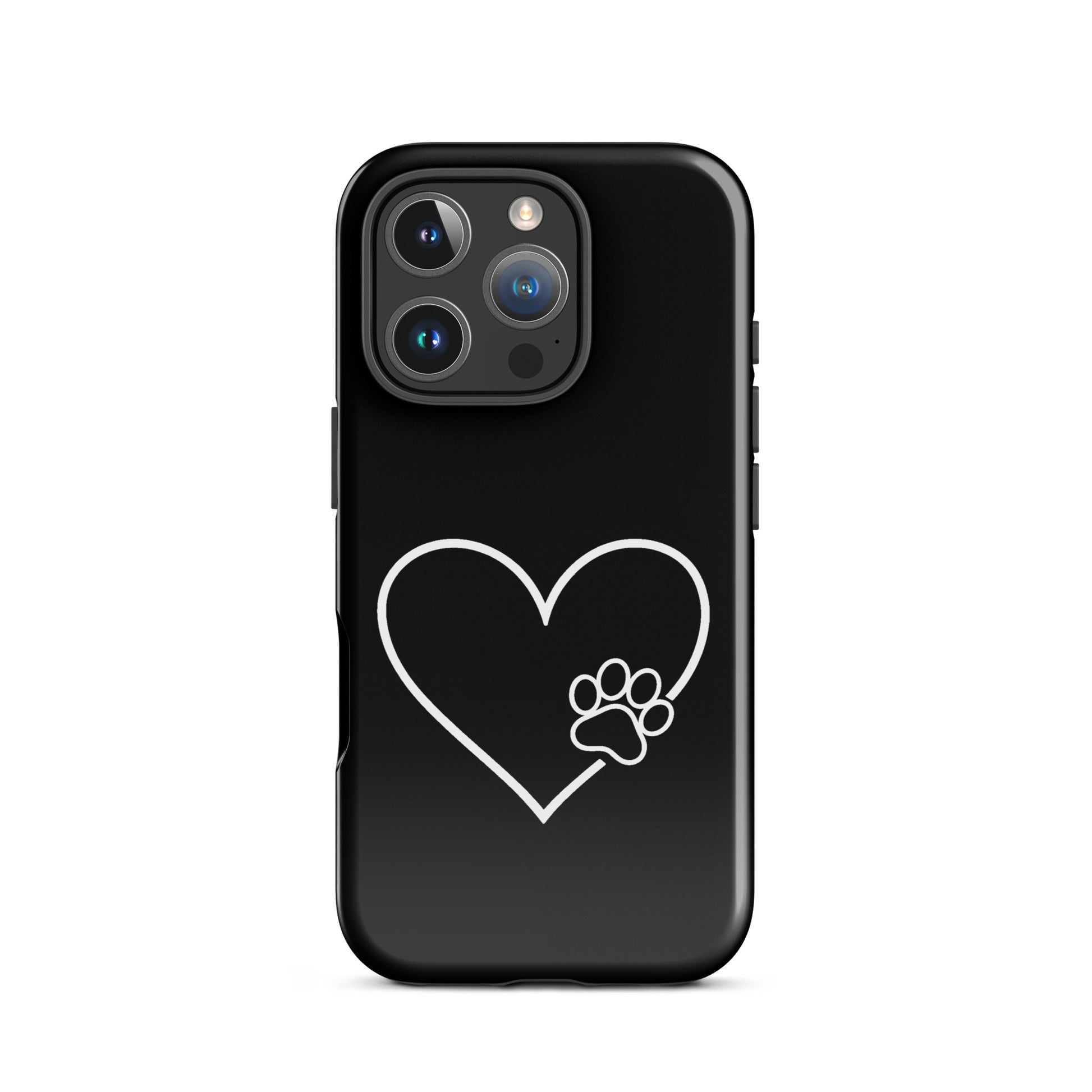 Phone Case featuring white heart outline and paw print on black background for pet lovers.