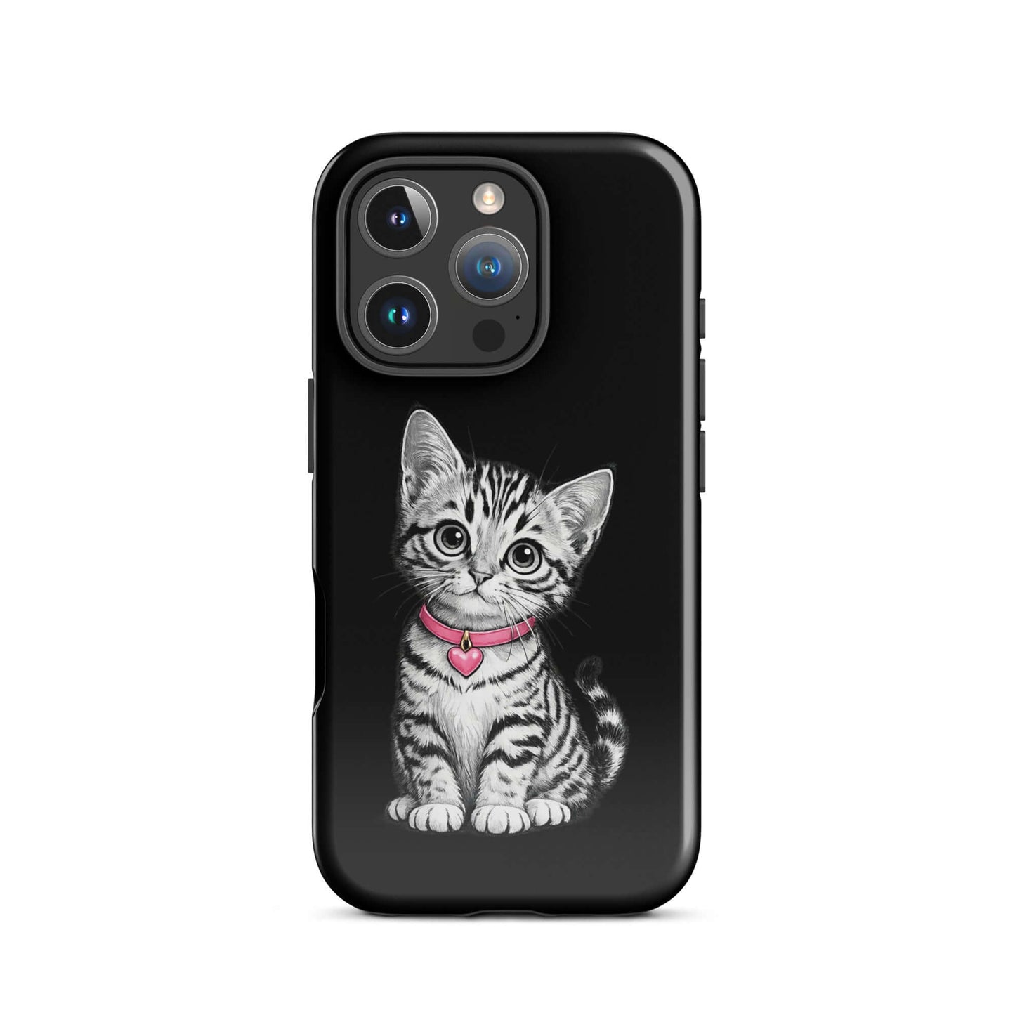 Phone Case with pencil sketch kitten design and pink heart charm for iPhone