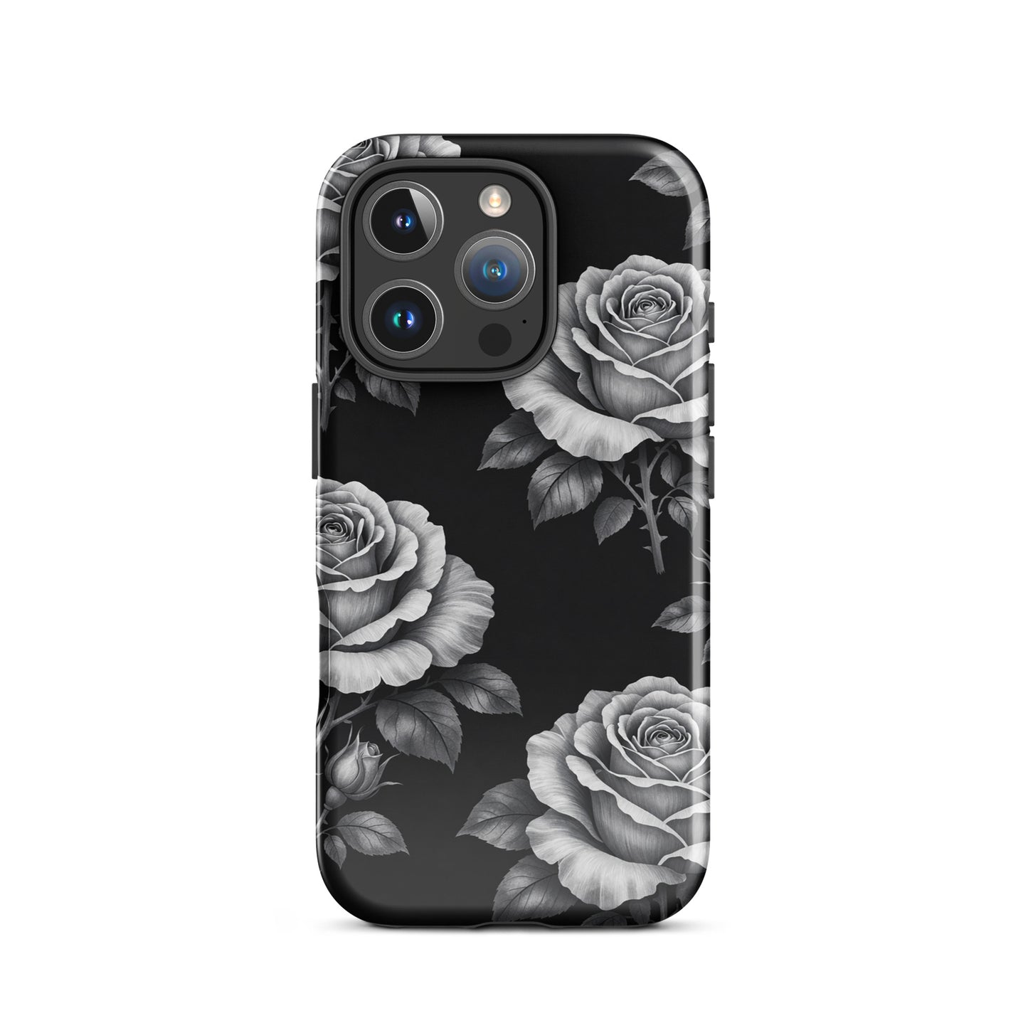 Phone Case for iPhone: Rose Garden Tough Case with hand-sketched rose pattern and black background, floral charm, elegant vibe.
