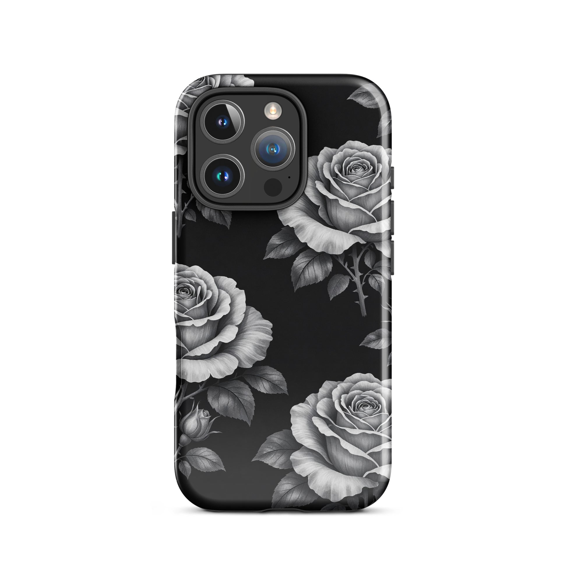 Phone Case for iPhone: Rose Garden Tough Case with hand-sketched rose pattern and black background, floral charm, elegant vibe.