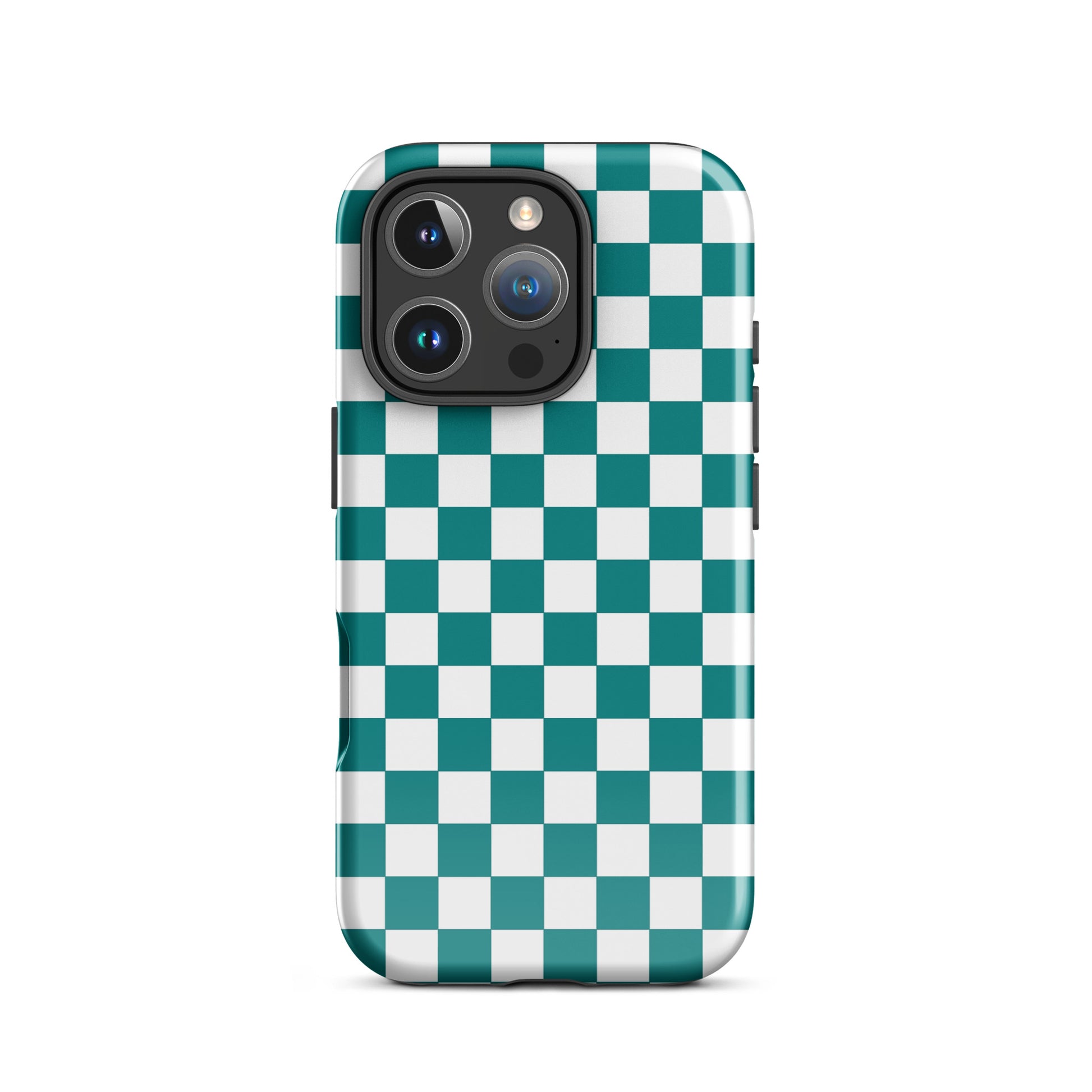 Phone Case with teal and white checkered design for iPhone, adds a playful vibe and style statement to your device. Fun and fearless accessory.