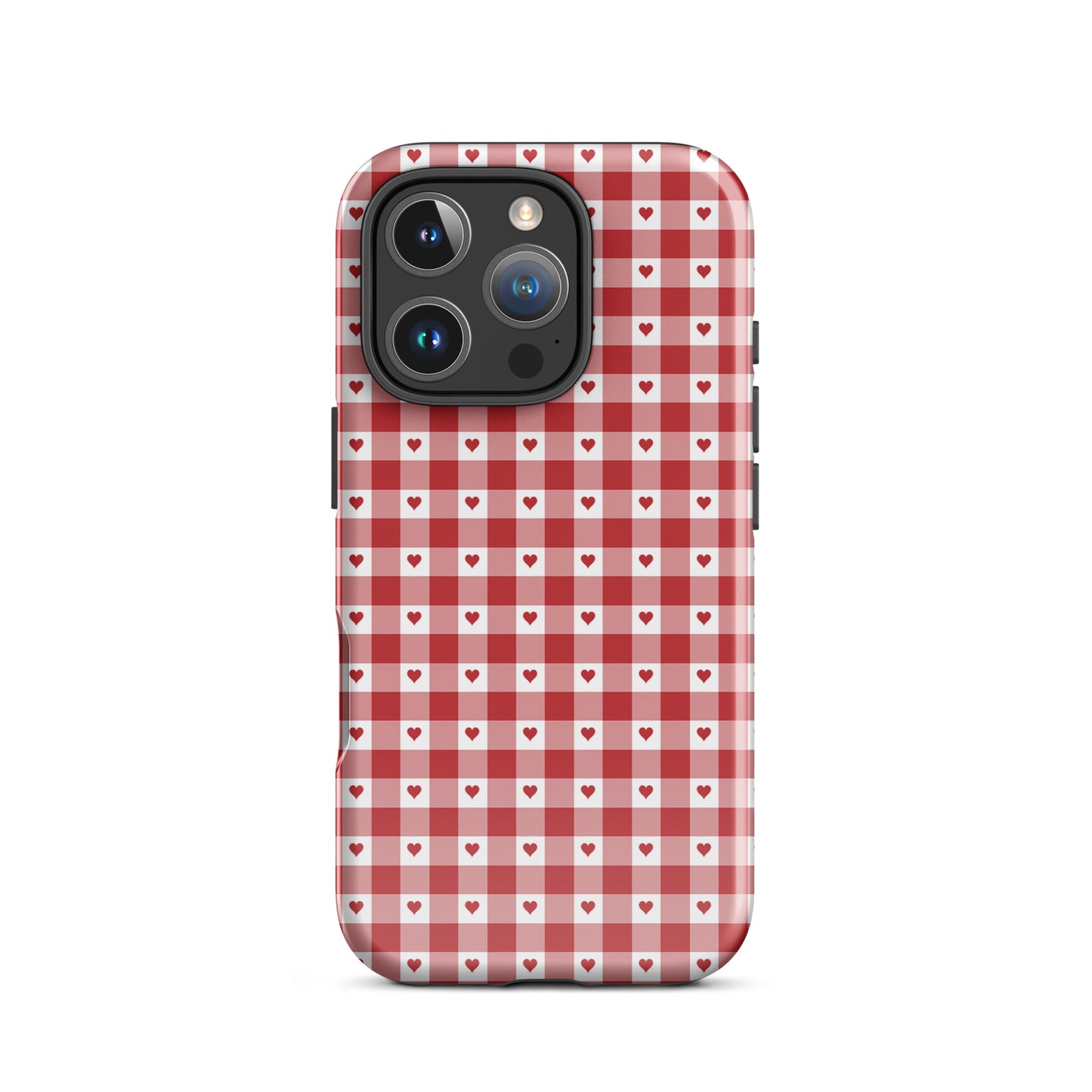 Phone Case with red gingham heart pattern for iPhone, stylish and durable accessory combining playful charm and premium protection.