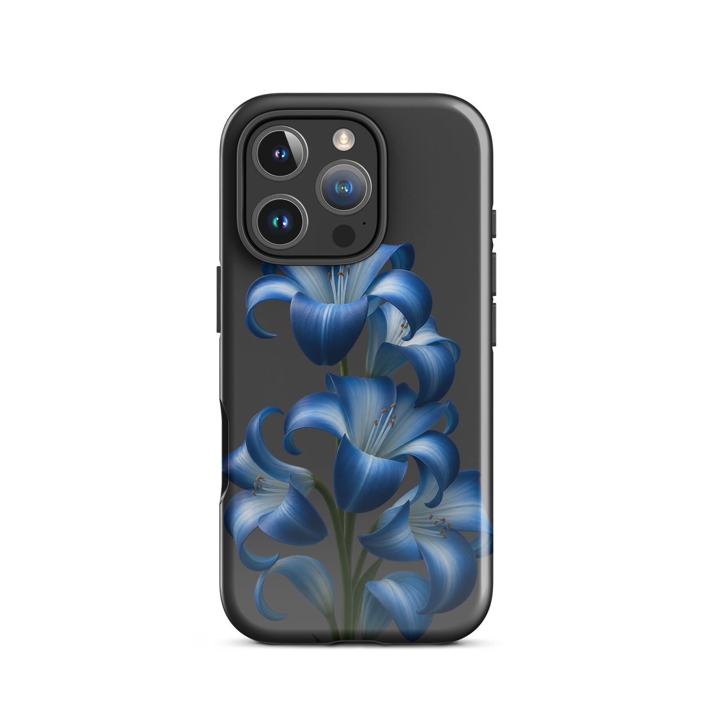 Phone Case for iPhone featuring blue lily bloom art with tough finish on dark background, stylish and protective design.