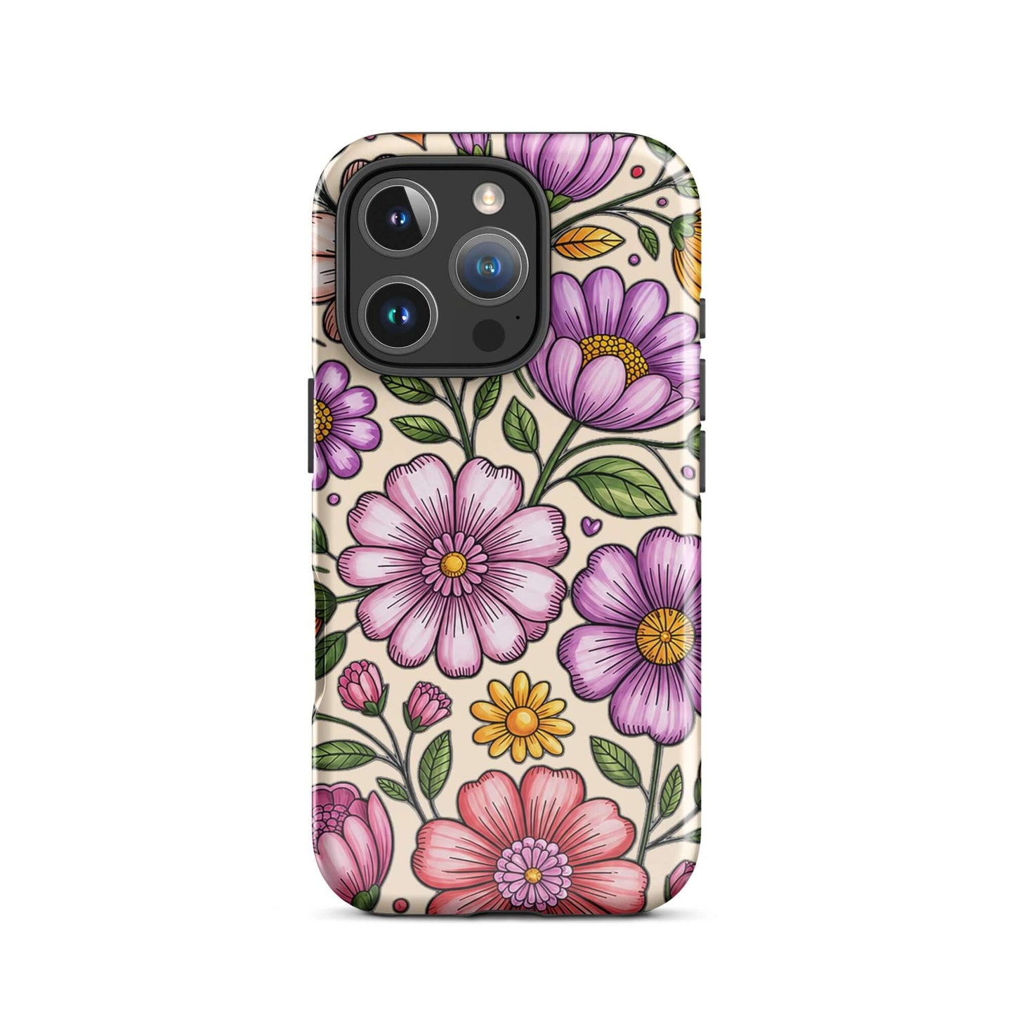 Phone Case for iPhone with pastel floral design in pink, peach, lavender, and yellow on a deep background, showcasing playful charm.