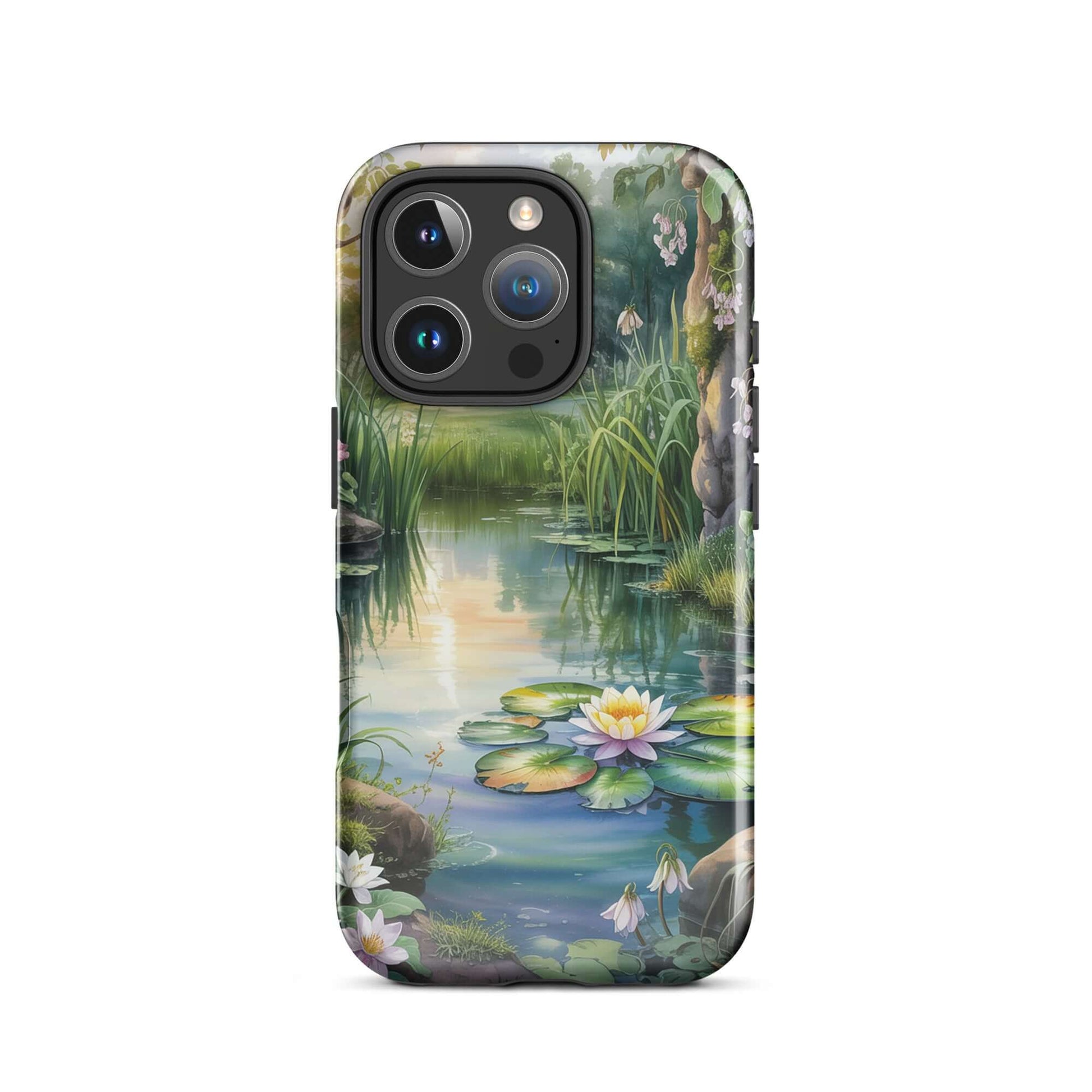Phone Case for iPhone with enchanted pond design featuring water lilies, lush greenery, and golden reflections for a tranquil look.