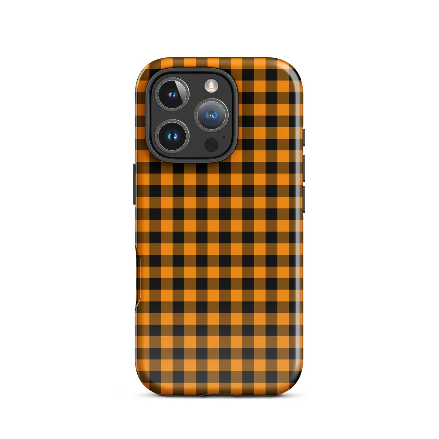 phone case with black-and-orange gingham pattern for iPhone, chic autumn theme, stylish and durable.
