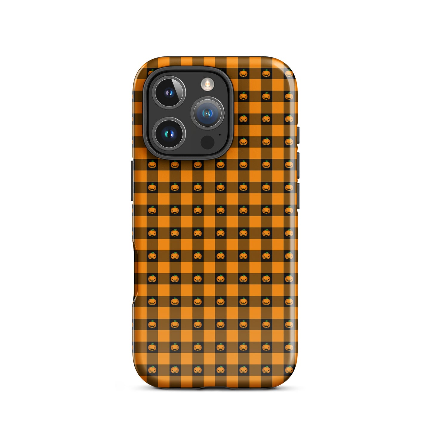 Phone Case for iPhone with Playful Pumpkin Gingham Halloween Design, featuring gingham pattern and jack-o’-lantern faces.