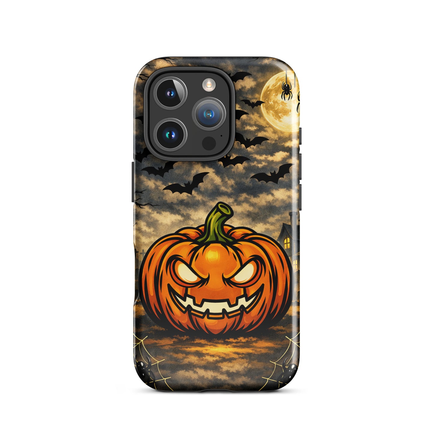 Phone Case for iPhone featuring haunted pumpkin, bats, and moonlit scene, perfect for Halloween charm and spooky style.