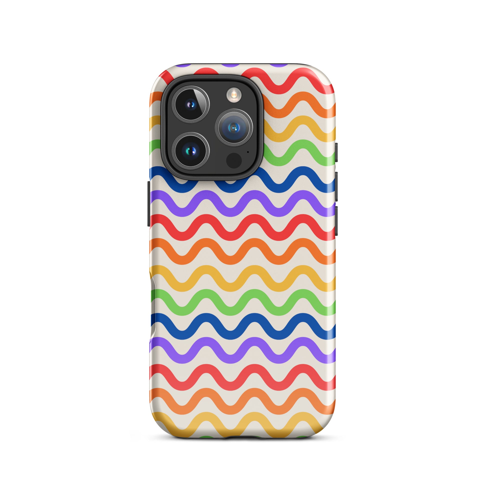 Phone Case for iPhone with wavy rainbow pattern and tough playful style, featuring vibrant colors on a white backdrop.
