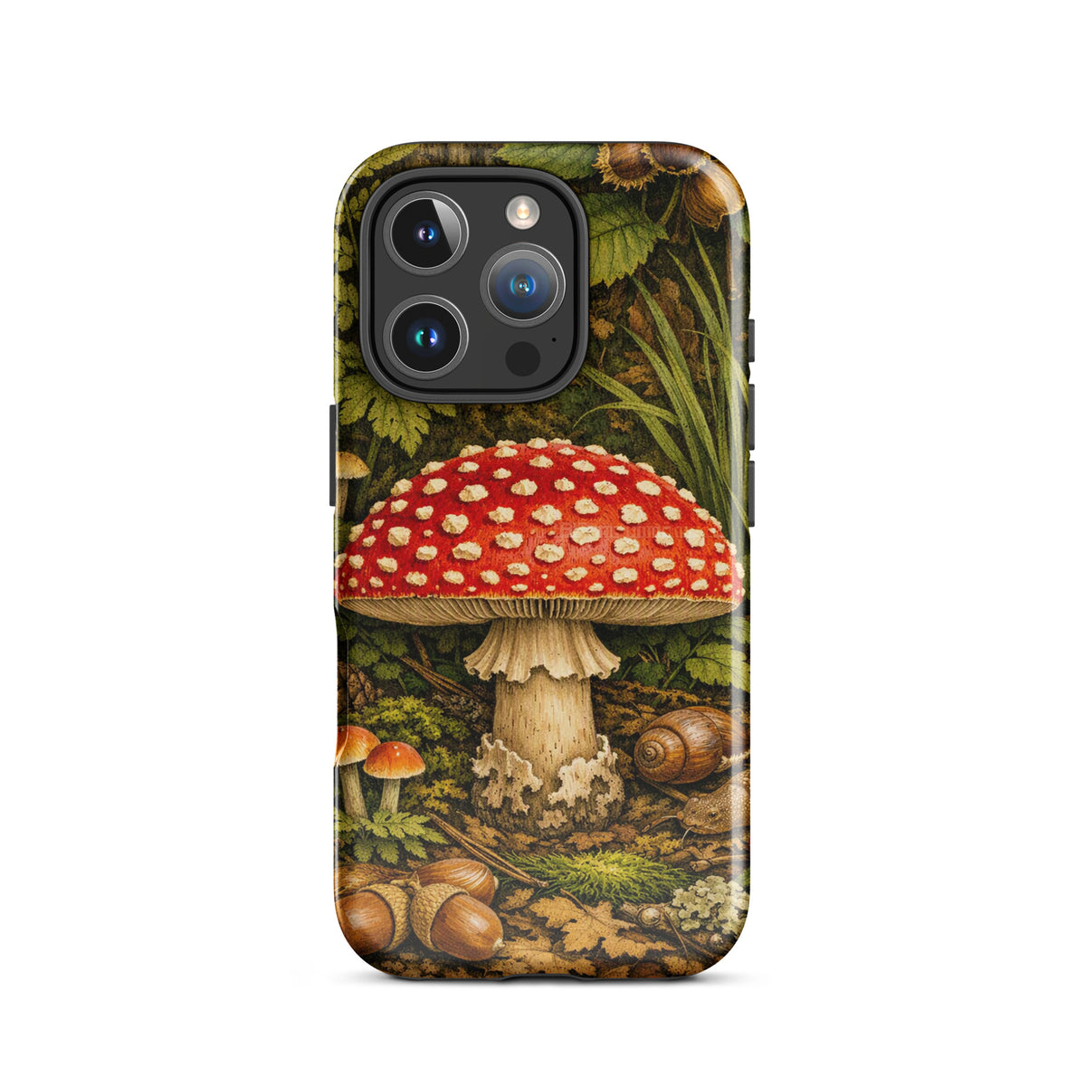 Phone Case featuring Amanita muscaria mushroom design with lush forest backdrop for iPhone.