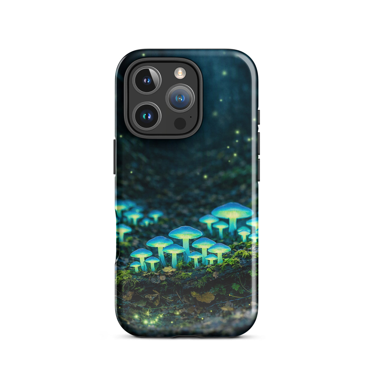 Phone Case for iPhone with glowing forest mushrooms in ethereal blue and green hues, creating a magical woodland scene.