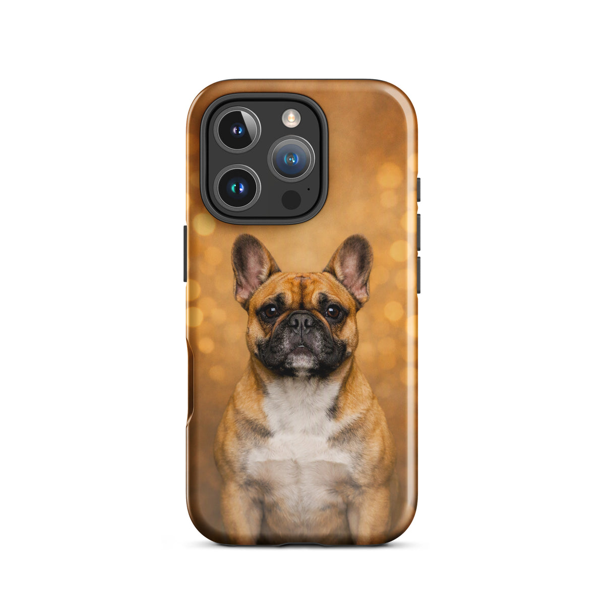 Phone Case with French Bulldog portrait on golden bokeh background, perfect for dog lovers and iPhone users seeking warmth and charm.