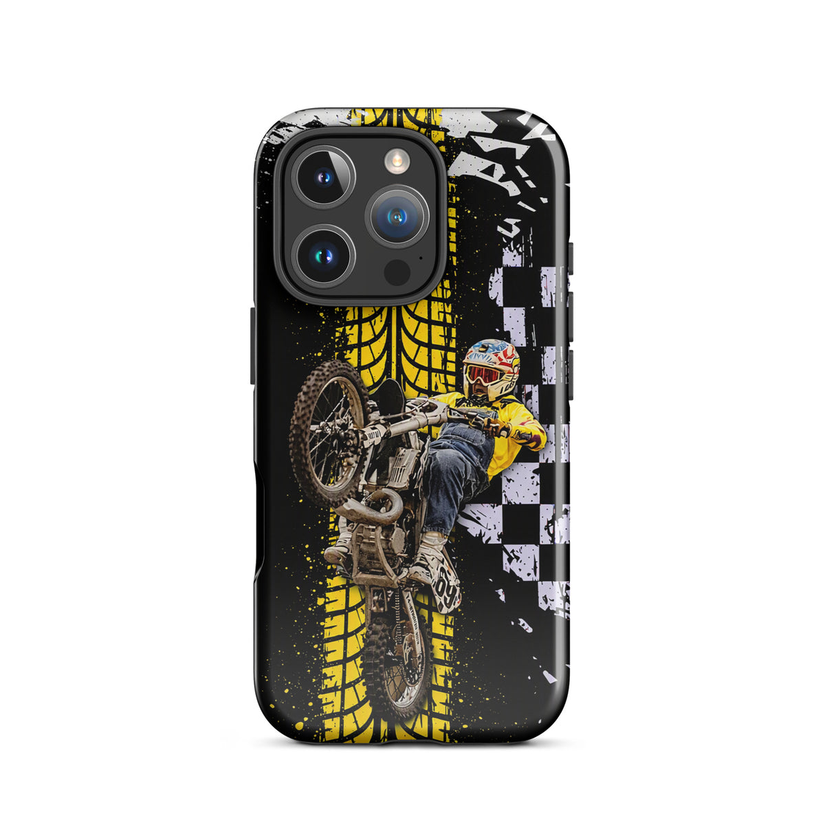 Dynamic phone case for iPhone with Ronnie Mac air-wheelie design, bold black, white, yellow motocross style, tire tracks, and checkerboard pattern.