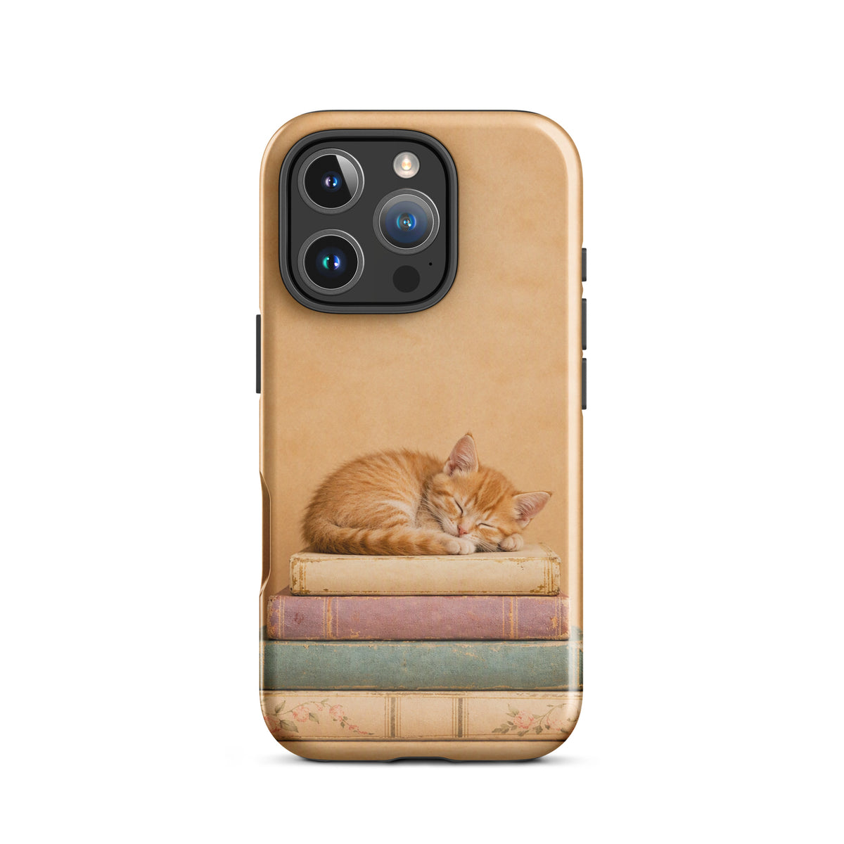 Phone Case featuring a sleeping orange kitten on vintage books, ideal for iPhone users seeking charming, cozy design with neutral tones.
