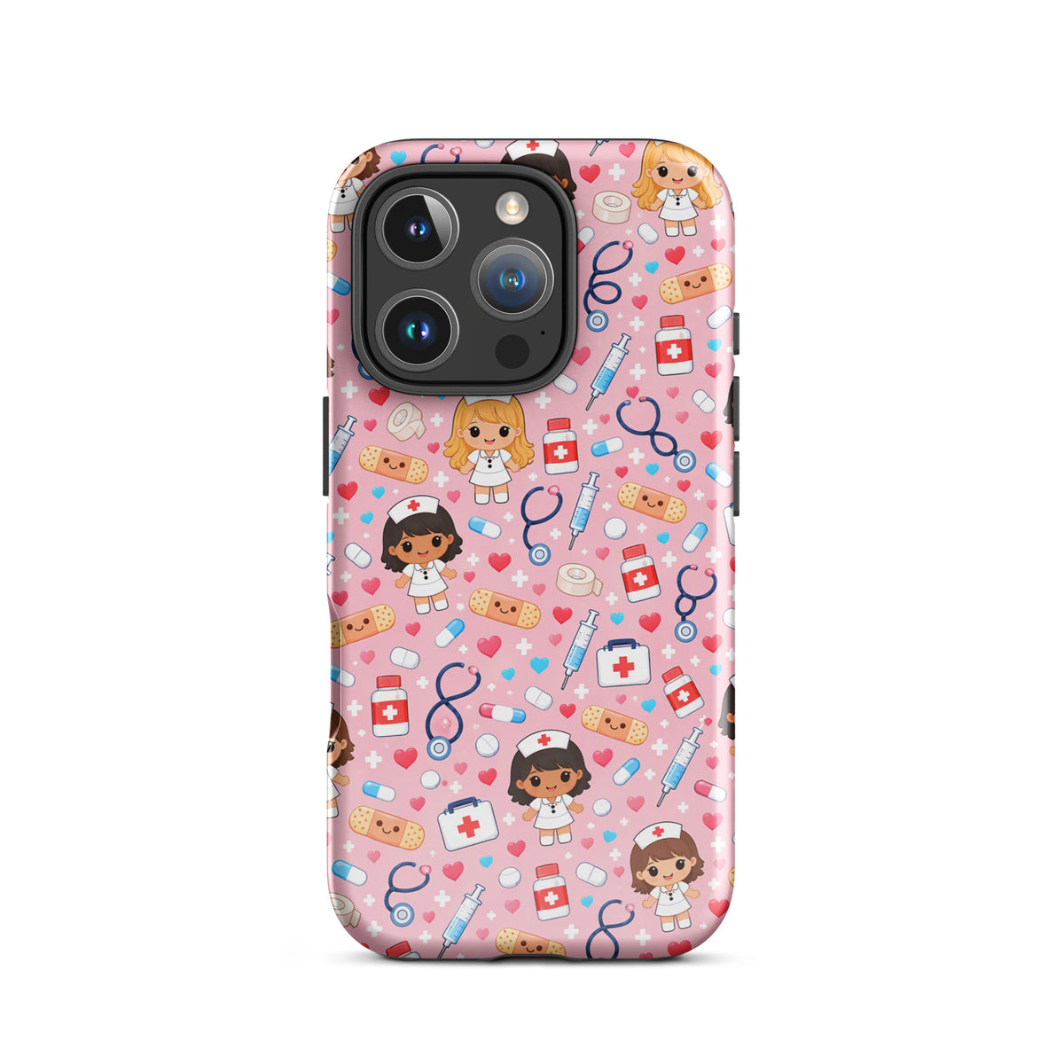 Phone Case for iPhone with kawaii nurse medical pattern on light pink background featuring nurse characters and medical items.