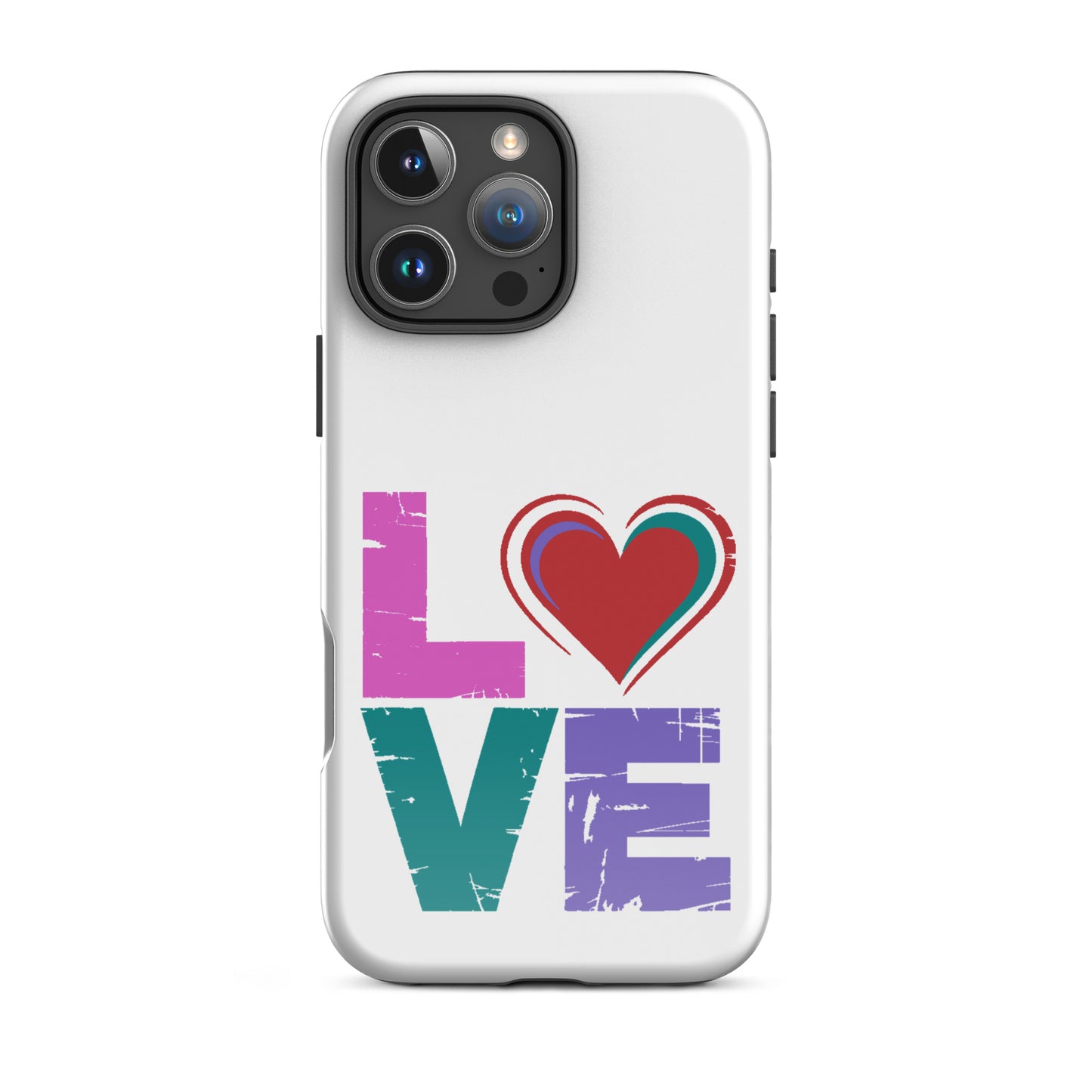 Love Tough Dual Layerd Case for iPhones featuring colorful 'LOVE' design with heart detail.