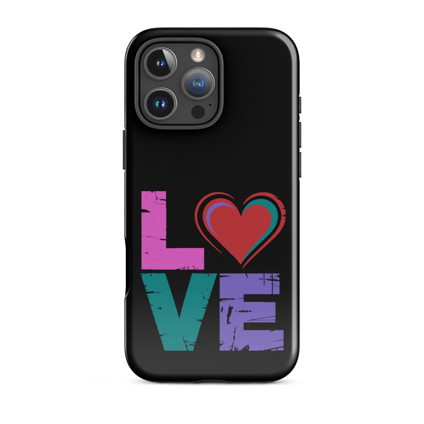 Love Tough Dual Layered Case for iPhones featuring colorful 'LOVE' design with a heart.