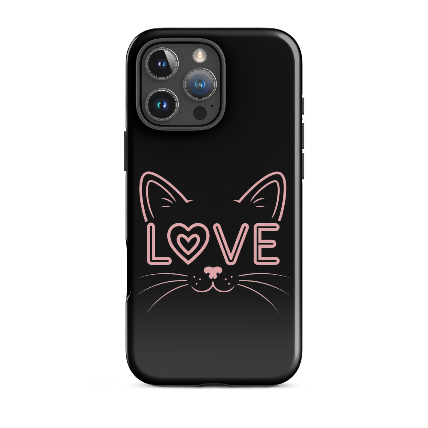 Cat Love phone case featuring a minimalist cat face design and the word 'love' in pink.