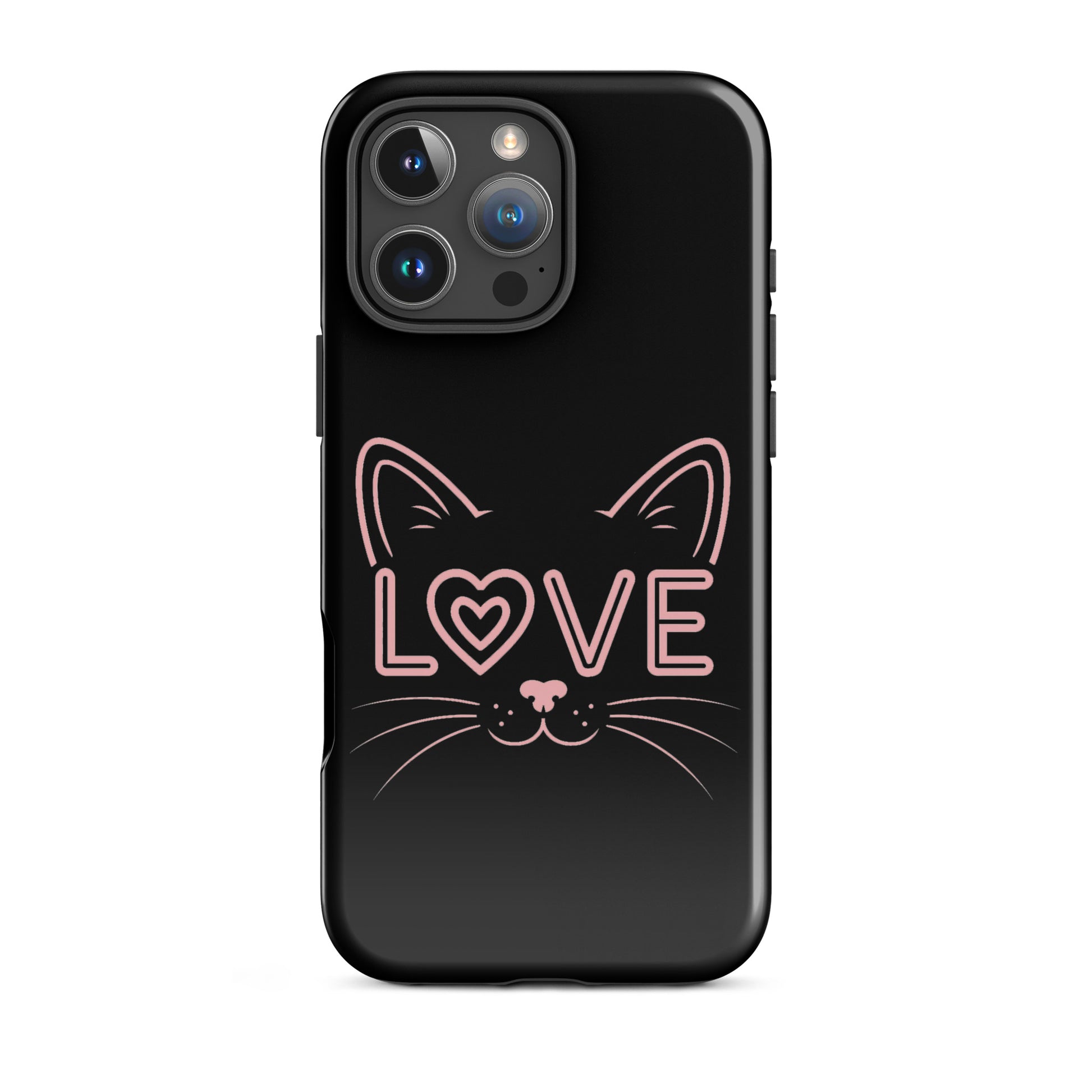 Cat Love phone case featuring a minimalist cat face design and the word 'love' in pink.
