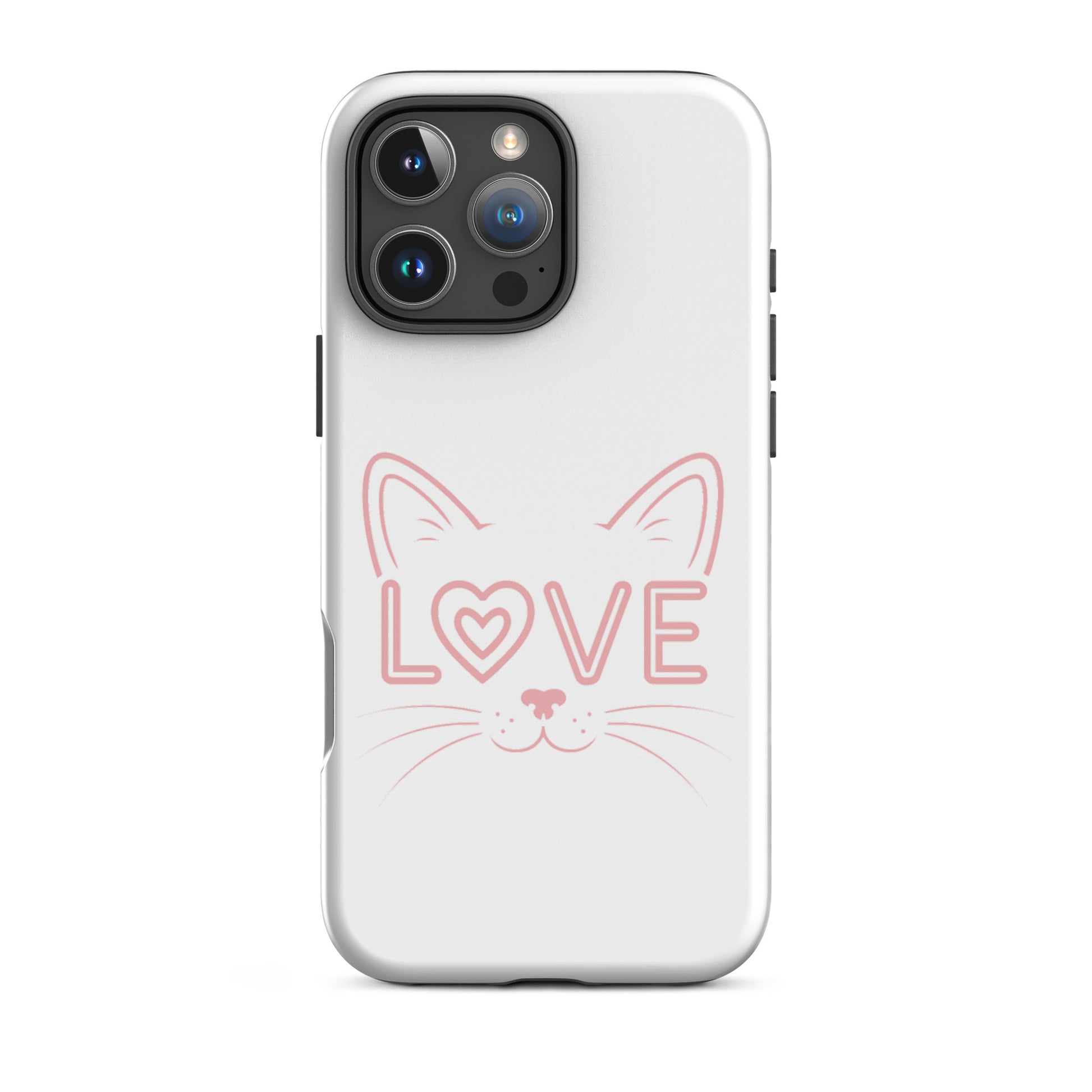 Cat Love phone case featuring a minimalist cat face outline and the word 'LOVE' designed for iPhone.