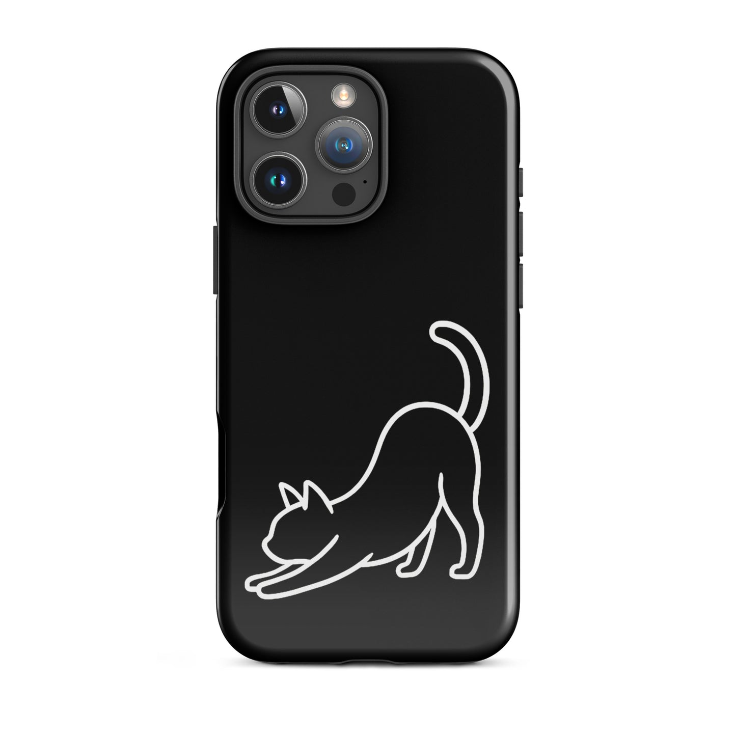 Phone Case featuring a minimalist stretching cat design on a sleek black background for dual-layer protection.
