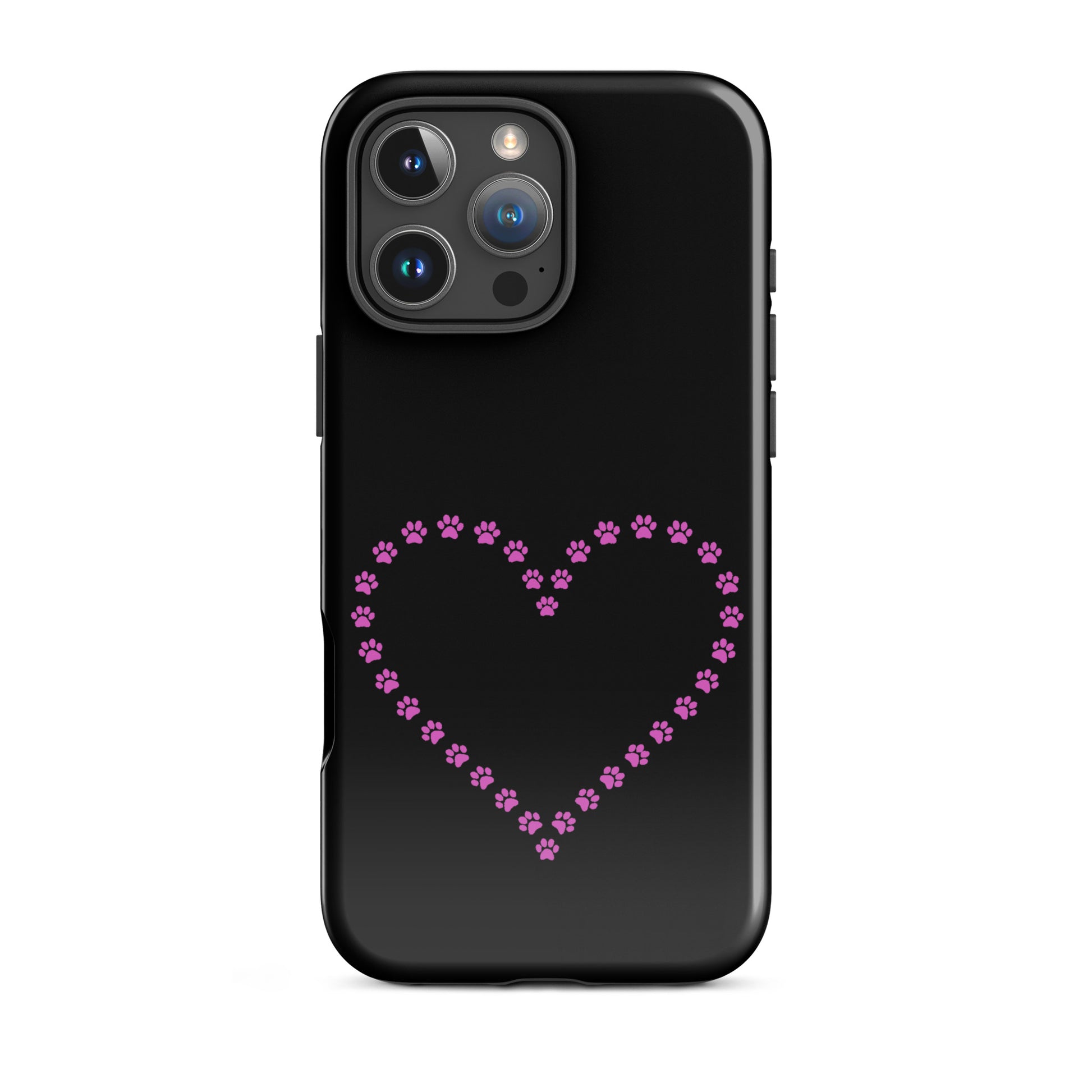 Phone Case for iPhone featuring cute paw print heart design for pet lovers on a black background.